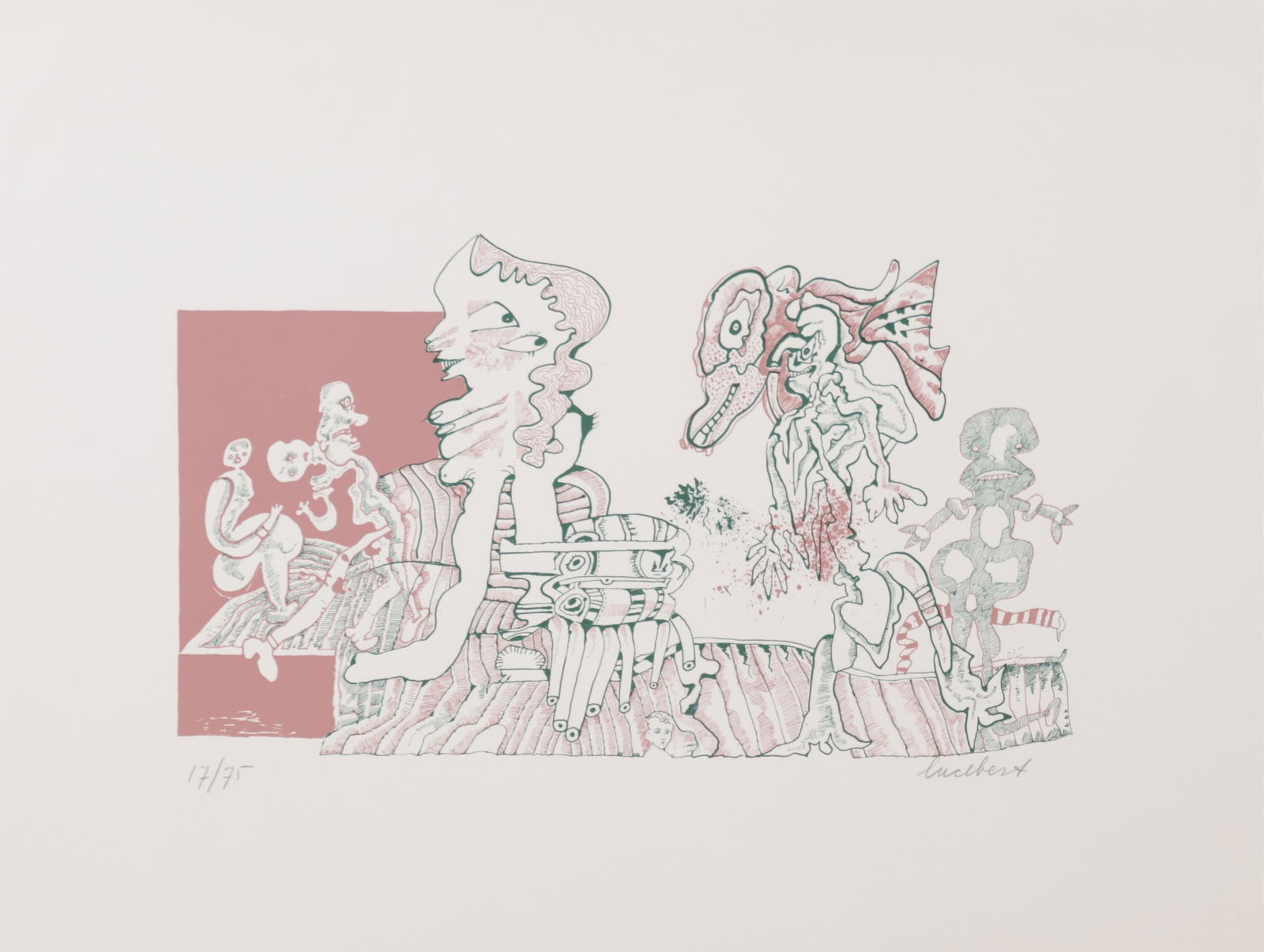 Lucebert - Personnage - Serigraph: Lucebert- Lubertus Jacobus Swaanswijk, Dutch, 1924-1994, Personnage (Figure), en verso poem numbered III, serigraph, 1971, pencil signed and numbered 17/75. Poem translation, on the viaduct the