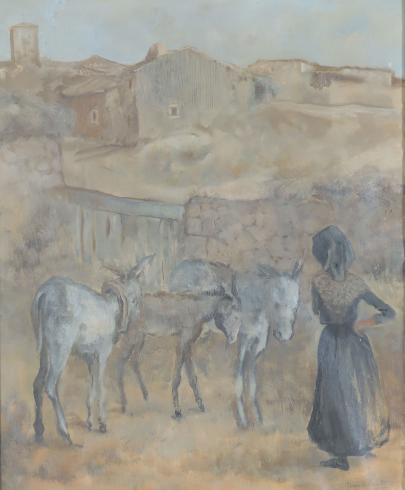 Eduardo Vicente - Three Donkeys - O/C: Eduardo Vicente, Spanish 1909-1968, Three Donkeys, oil on canvas, signed lower right, en verso stretcher inscribed March 25 1946 Dimensions: 39 3/4 x 32, Framed 44 x 36 1/2 From a Goshen Connecticut
