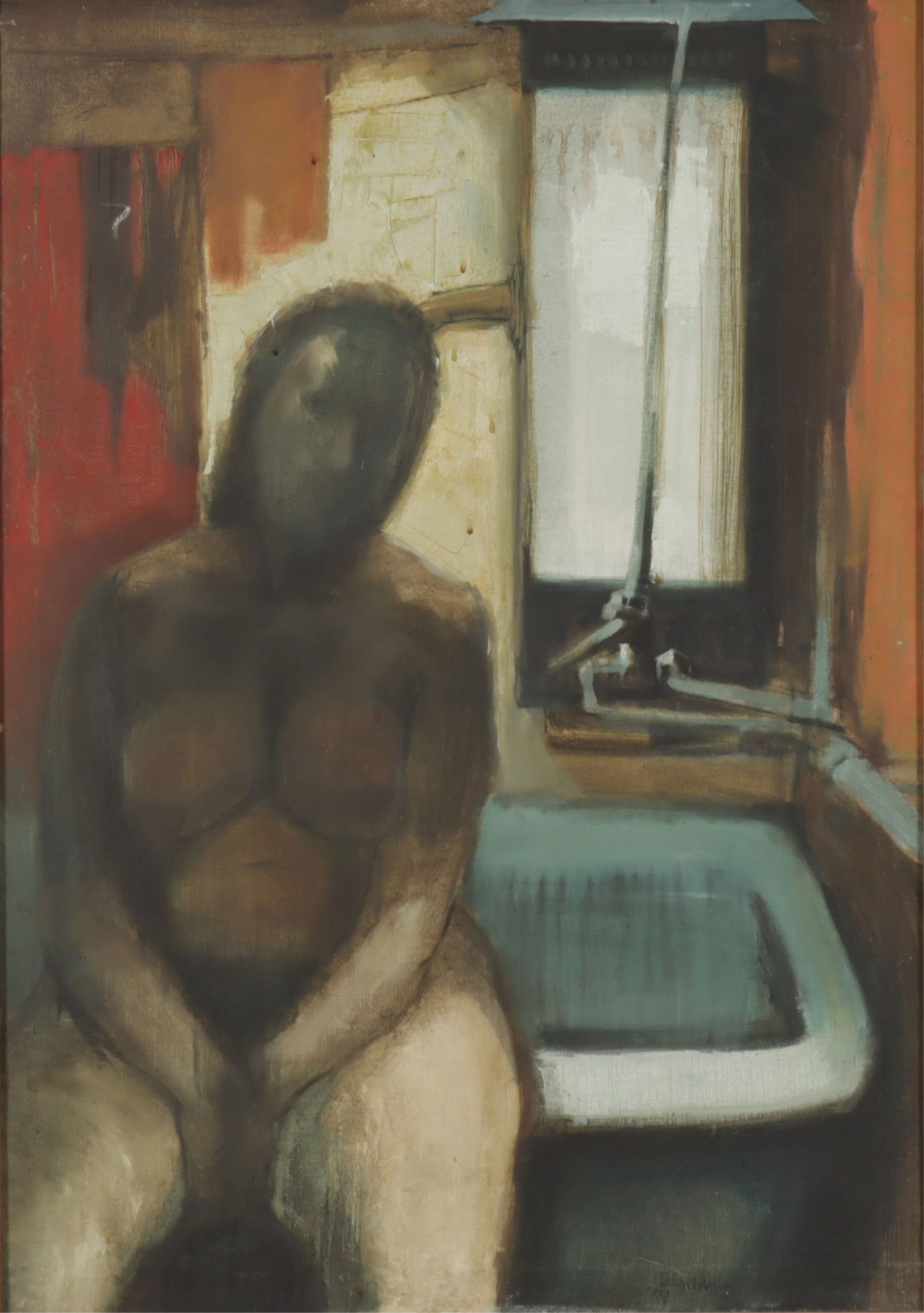 American School - Seated Bather O/C: American School, Seated Bather, dated '57, oil or acrylic on canvas, signed indistinctly "Michael ??" lower right Dimensions: 36 H x 25 1/2" W Framed: 37 3/4" H x 27" W
