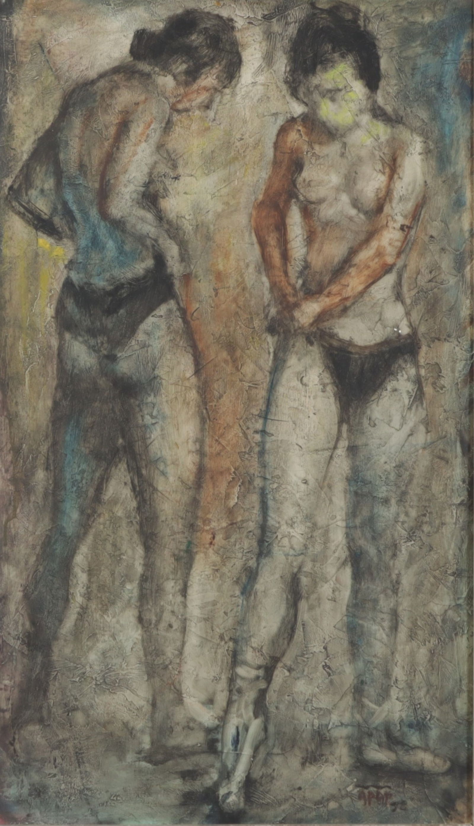 William Apap - Two Dancers O/P: William Apap (Maltese, Italian, 1918-1970), Two Dancers, oil or acrylic on panel, signed and indistinctly dated lower right. Dimensions: 30" H x 17 1/4" W Framed 33 1/2" H x 20 3/4" W 