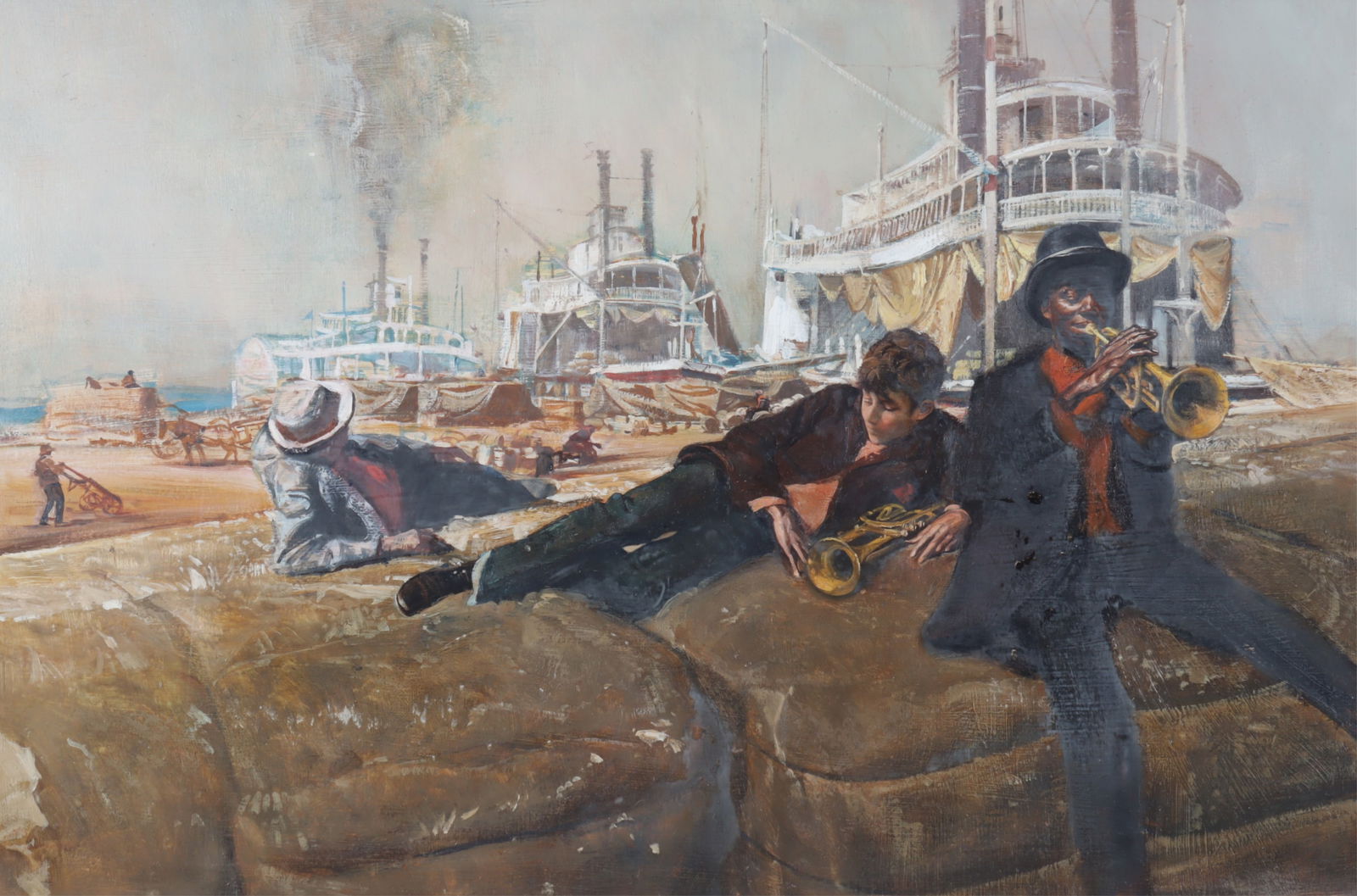 Morton Roberts - 'When Jazz Was Young' O/P: Morton Roberts (American, 1927-1964) 'When Jazz Was Young', oil on paper, unsigned. Dimensions: 18 x 27 Framed: 26.5 x 35.5" 