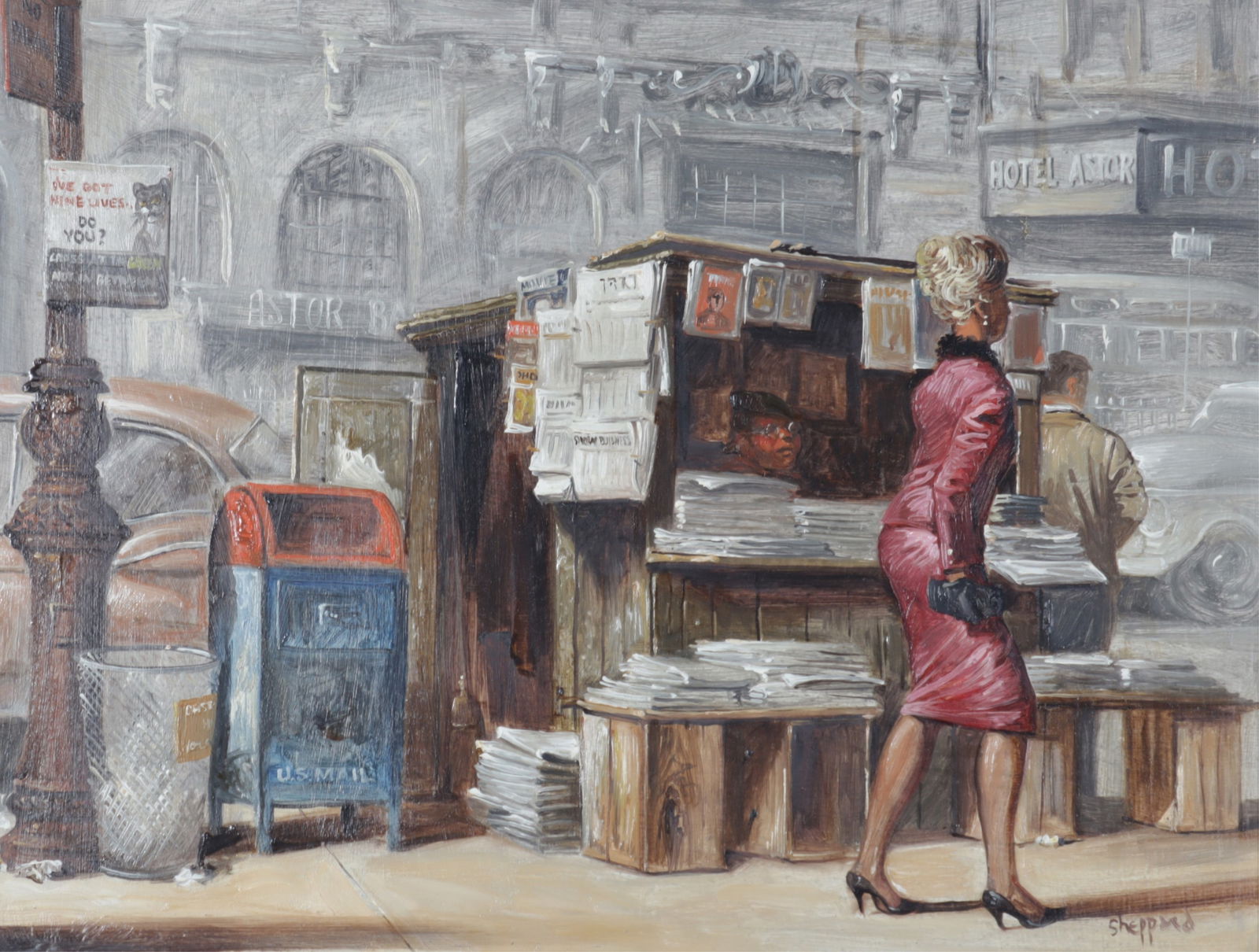 Joseph Sherly Sheppard - Newspaper Stand No.3 O/B: Joseph Sherly Sheppard (American, b 1930) Newspaper Stand No. 3, oil on board, signed lower right. Dimensions: 11.5 x 15.5" Framed 19.75 x 23.5" 