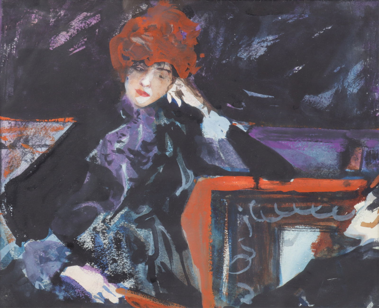 20th Century School - Pensive Woman W/C: 20th century school, watercolor and oil on paper depicting pensive woman gazing at a man in the lower right corner. Unsigned. Dimensions: 8.5 x 10.25" Framed 18 x 20" 