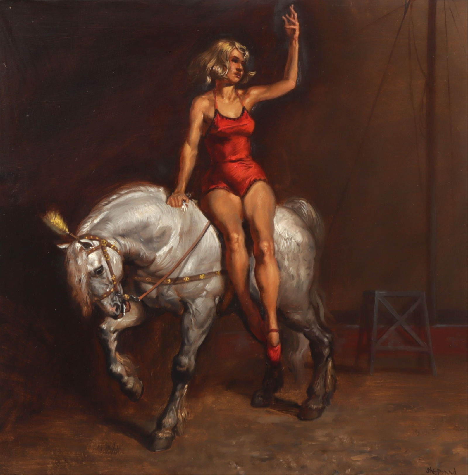 Joseph Sherly Sheppard - Bareback Rider O/B: Joseph Sherly Sheppard (American, b 1930) Bareback Rider, oil on board, signed lower right, central nameplate. Depicting a performer in red outfit, perch on the back of a show pony. Dimensions: 23.5