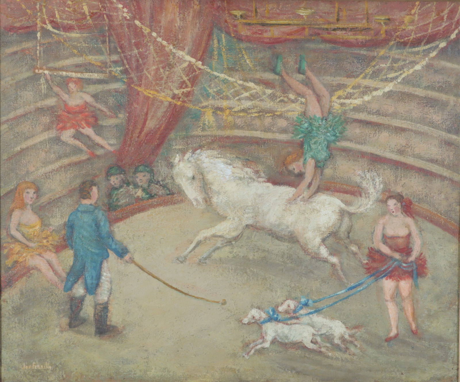 Joseph Ferrillo - WPA Style - Circus with Horses: Joseph Ferrillo (American, 20th Century) WPA Style - Circus with Horses, oil paint on board, signed lower left. Dimensions: Sight 19.5" H x 24" W, Framed 28" H x 32.25" W 
