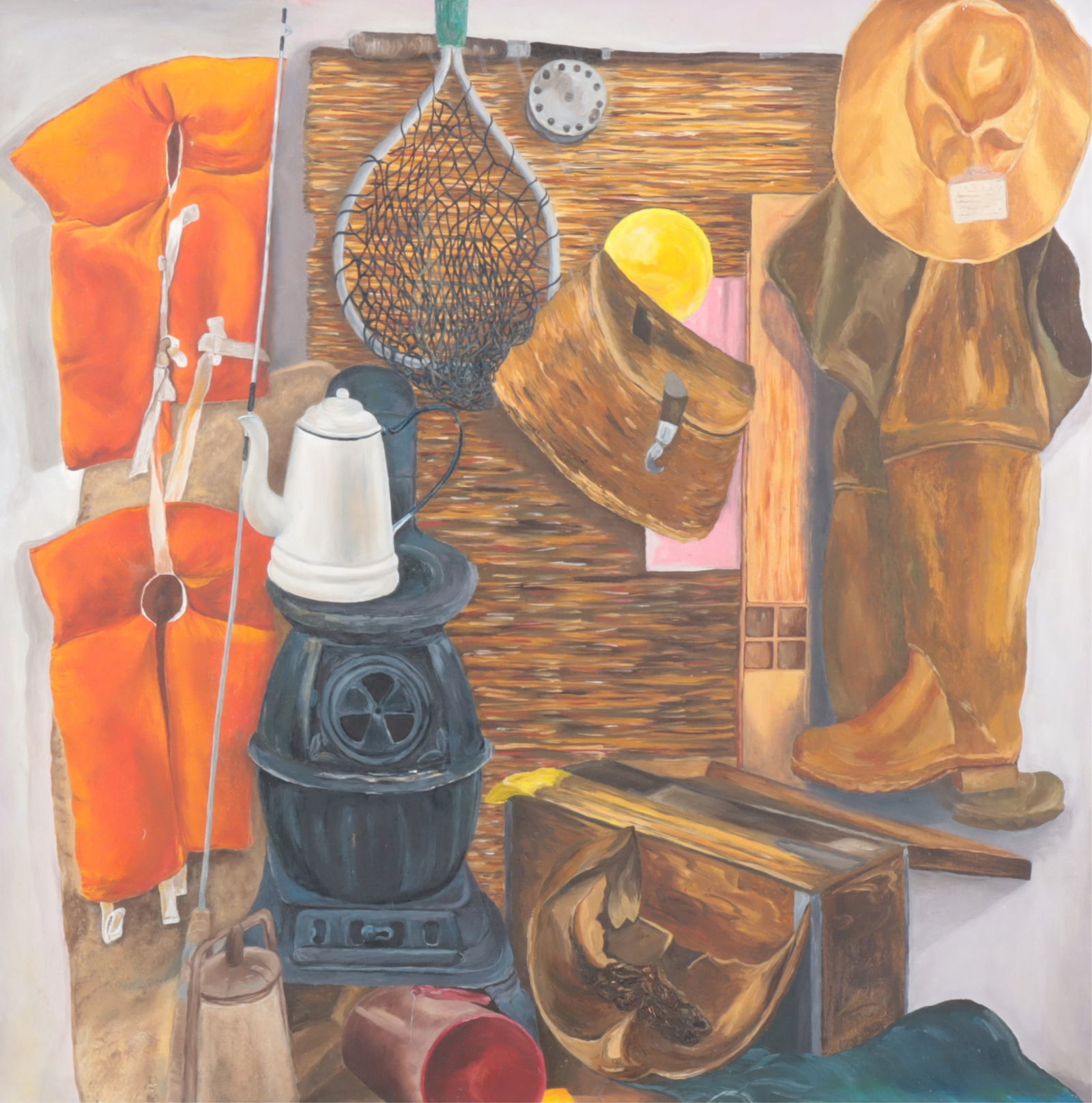 Theodora de Eyle Cole-van Doorninck - Fly Fishing: Theodora de Eyle Cole-van Doorninck ?DODO-DODIE? Cole, Netherlands/American, Connecticut artist,1924-2010, Fly Fishing, signed en verso on canvas and stretcher Dimensions: 44 3/4 square, framed 46