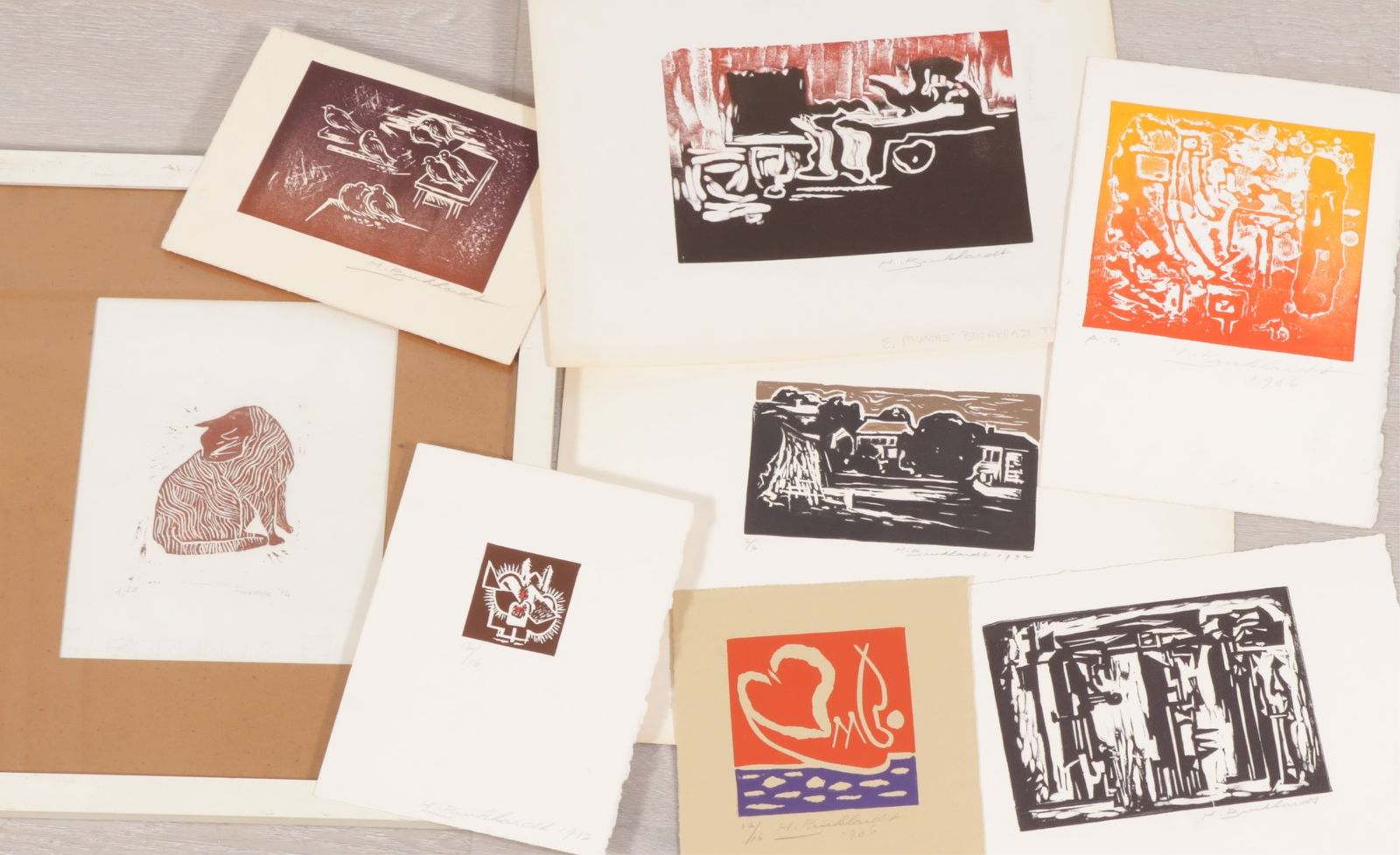 7 Hans Gustav Burkhardt Woodcut Prints & Other: Hans Gustav Burkhardt, Swiss American, 1904-1994, 7 woodcut prints, includes Edvard Munch's breakfast table, signed; Edvard Munch's House signed and dated 1992, numbered 6/6, bears artists embossed