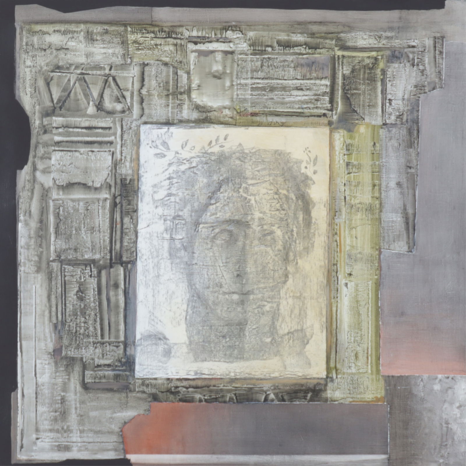 Theo Stravopoulos - Abstract Bust & Columns: Theo Stravopoulos (Greek/American, 1930-2007) Abstract Bust & Columns, oil on canvas, verso signed. Dimensions: 30" H x 30" W 