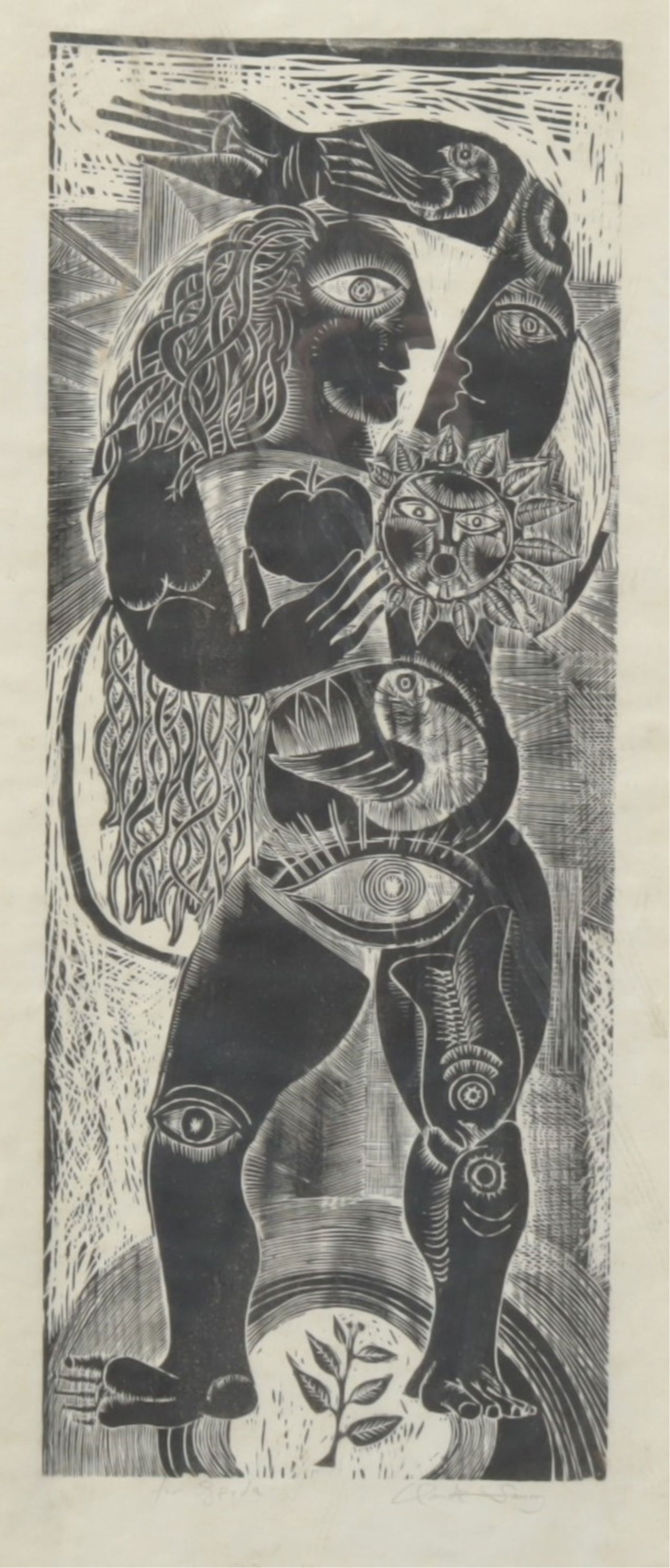 Claude Saucy - Primitive Women, Woodblock: Claude Saucy (Swiss, 1929-1999) Primitive Women, woodblock print on woven paper, pencil signed and dedicated to Gerda lower margin. Dimensions: Framed 41.5" H x 18" W