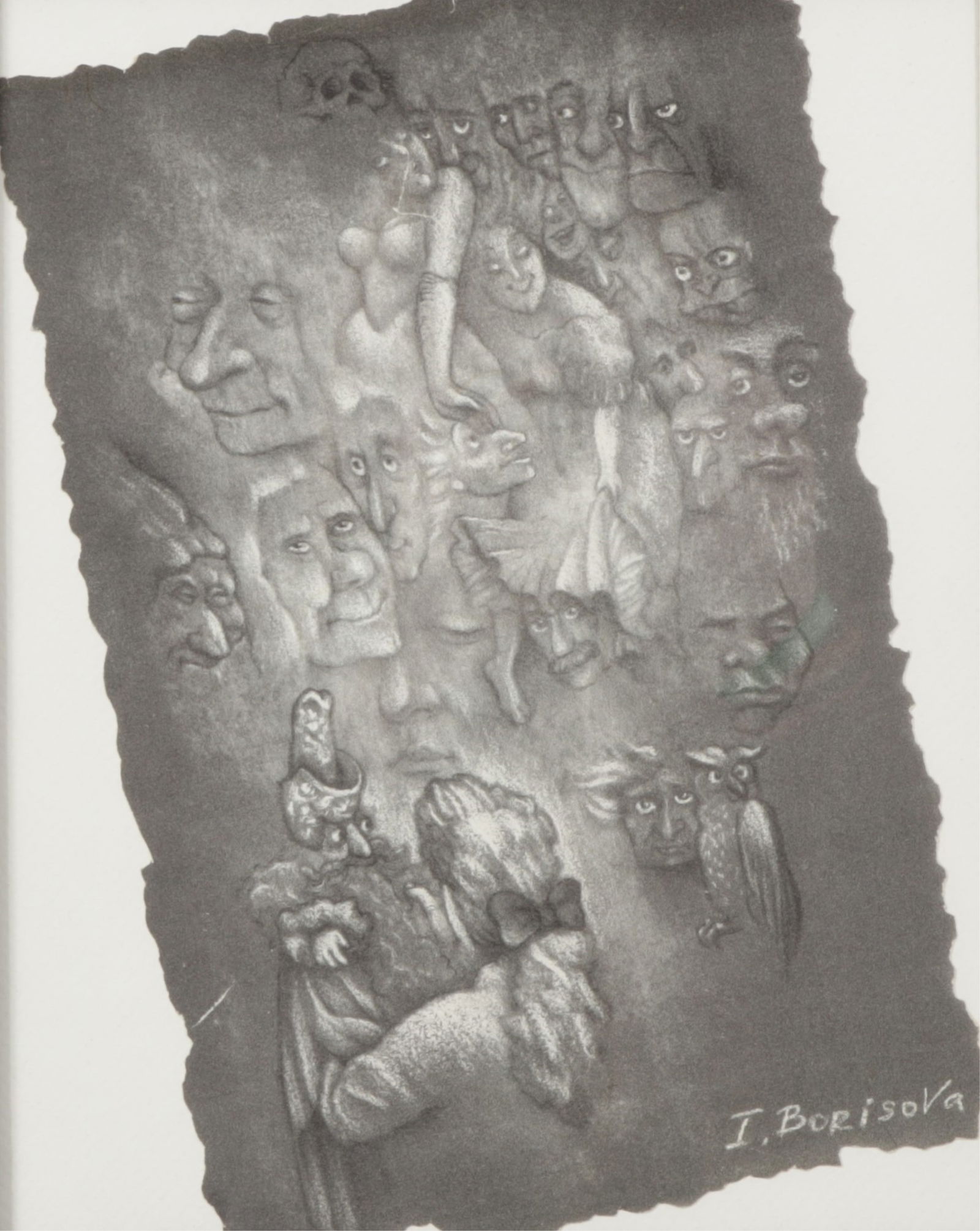 Irina Borisova - Remembrance of Faces, Charcoal: Irina Borisova (Ukraine, 20th C) Remembrance of Faces, charcoal on paper, signed lower right. Dimensions: Framed 12.25" H x 10.25" W 