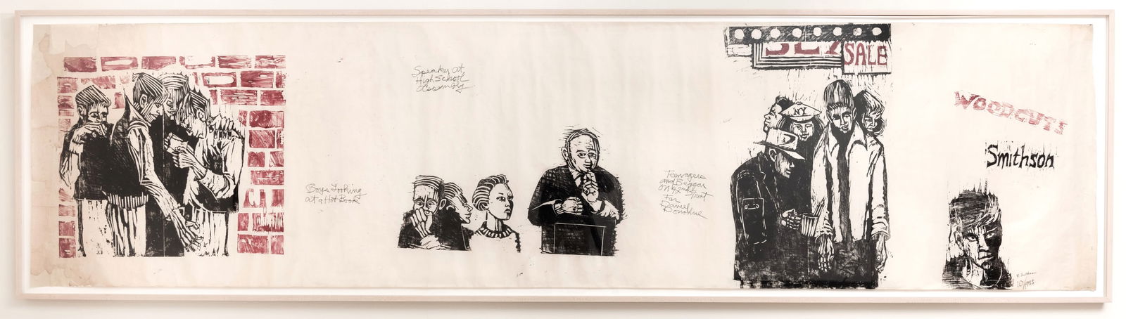 Robert Smithson - Untitled - Woodcut: Robert Smithson, American,1938-1973, Untitled, noted within each woodcut, 'Boys Looking at a Hot Book, Speaking at High School Assembly, Teenagers and Beggar on 42nd Street for Daniel Donahue',
