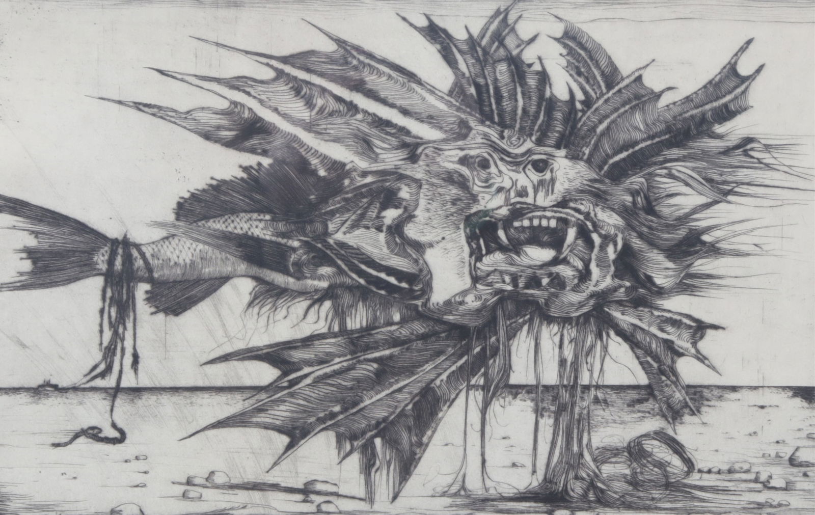 Unknown Artist - Surrealist Fish Etching: German Etching - Surreal Fish, pencil signed Rolf _, dated 63, Artist Proof Dimensions: 14"W x 9"H (Framed: 24"W x 18"H) 