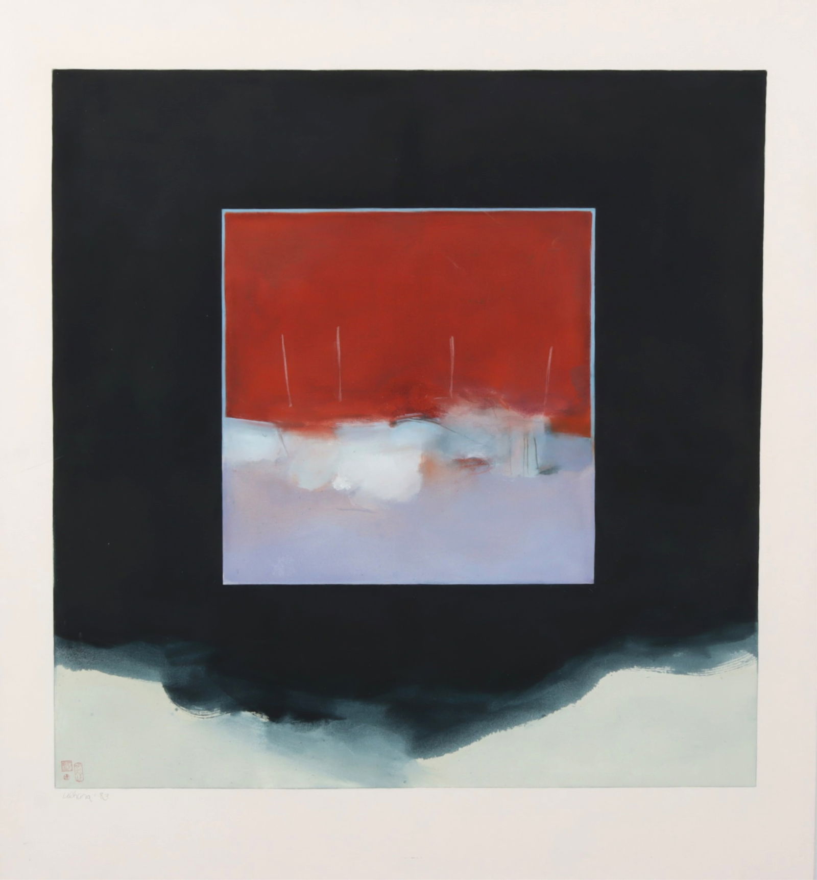 Large Contemporary Abstract O/C: A large contemporary abstract oil on canvas. Signed 'Ulhana' lower left, dated (19)83, with seals. Dimensions: 55" x 60" stretched, unframed.