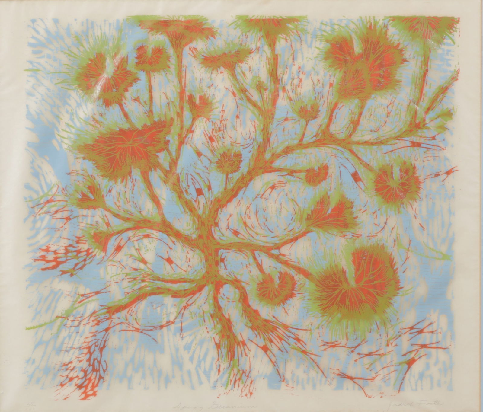 Judith Foster - Spring Geranium, Litho: Judith Foster (British, b.1930) Spring Geranium, Lithograph, pencil signed, titled and numbered 25 of 100 lower margin. Dimensions: Framed 24" H x 26.75" W