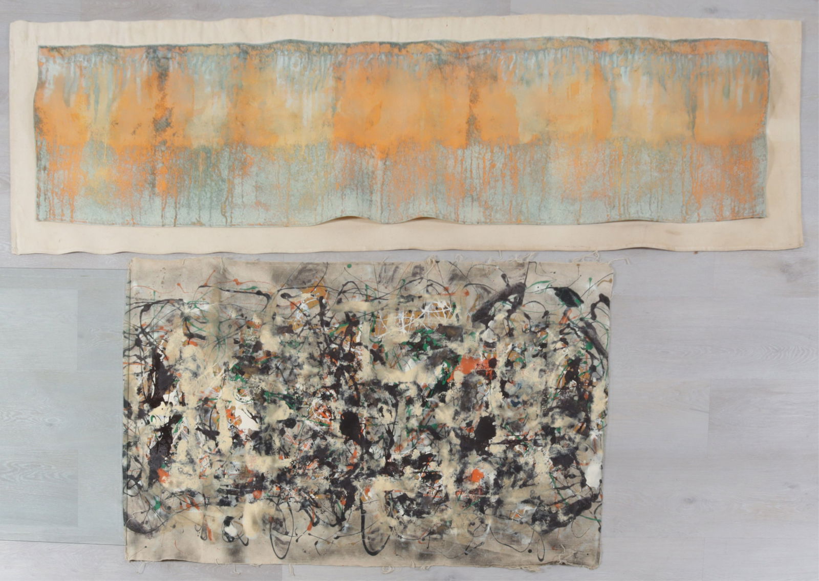 Tom Levine - Two Abstract Expressionist Paintings: Tom Levine (American, 1945-2020) Two abstract expressionist paintings, untitled, oil on canvas, rectangular painting marker signed and dated en verso, Jackson Pollack style drip painting initialed TL