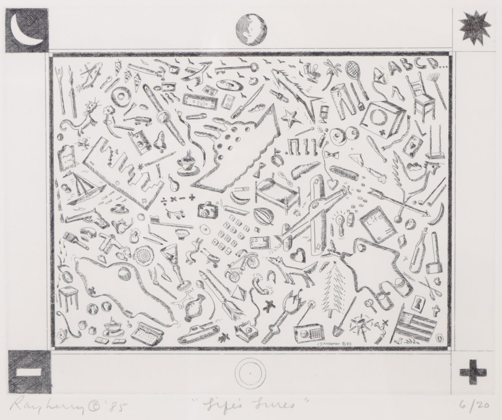 Rayberry - Life's Lures, Etching: Rayberry / Raymond Lee Berry (American, 1952-2010) Life's Lures, Etching, pencil signed lower margin Dimensions: Framed 21.5" H x 27" W 