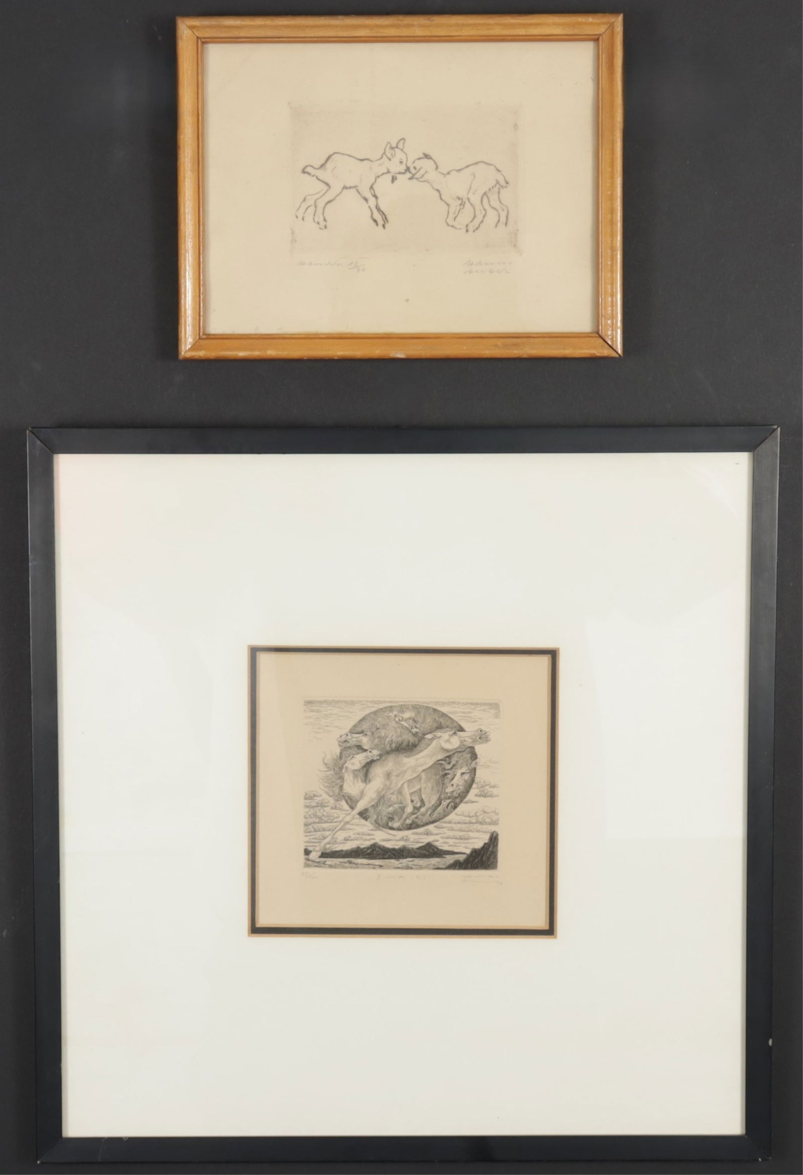Two Etchings - Two Goats & Wild Horses: Two Etchings - Two Goats & Wild Horses, each indistinctly pencil signed 65/100 and 13/30 Dimensions: The Larger Framed 14.75" H x 14.75" W 