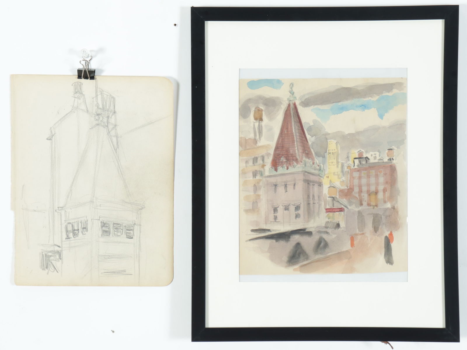 C. Bertram Hartman - NYC Rooftops - W/C & Drawing: C. Bertram Hartman, American, 1882-1960, NYC Rooftops, c.1940, likely a view looking uptown from 8 West 13th Street (btwn. 5th & 6th ave.), watercolor on paper, en verso marked Castellane Gallery alon