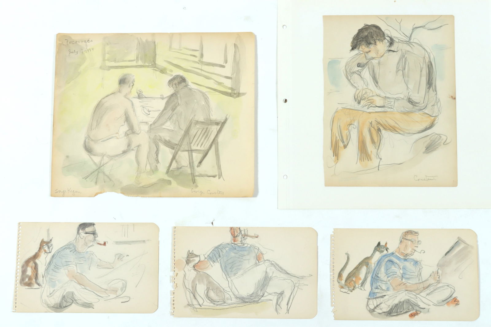 C. Bertram Hartman - George Constant - W/C: C. Bertram Hartman, American, 1882-1960, George Constant, pencil and watercolor, one drawing Constant is accompanied by Serge Kegan, dated July 7 1934 Dimensions: 4 7/8 x 7 3/4 to 9 3/4 x 11 1/2 Prope