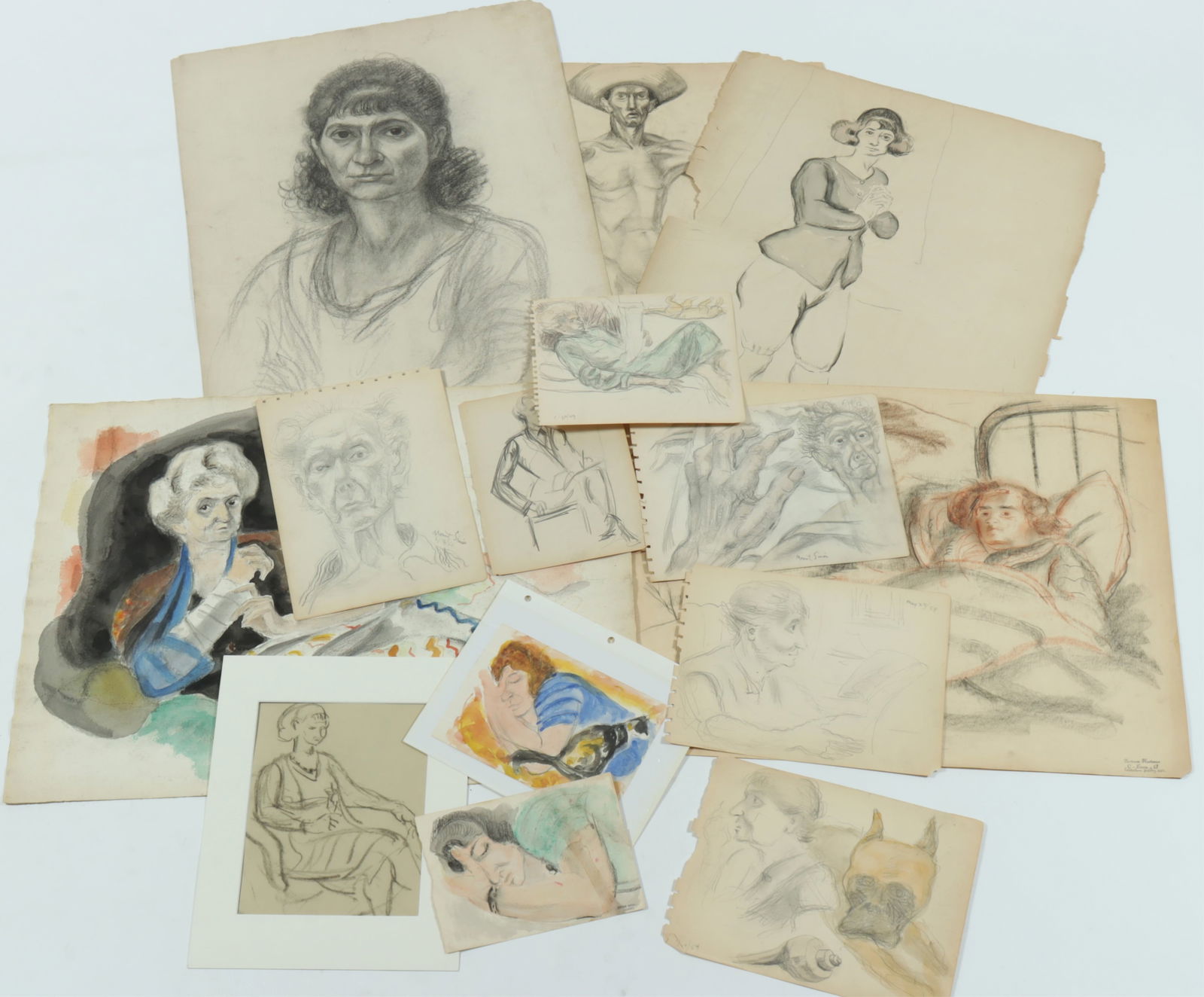 C. Bertram Hartman - Gusta & Self Portraits: C. Bertram Hartman, American, 1882-1960, Collection of portraits of both Gusta Hartman and Bertram Hartman, some drawings of Hartman during his stay at Mount Sinai, includes studies of hands and