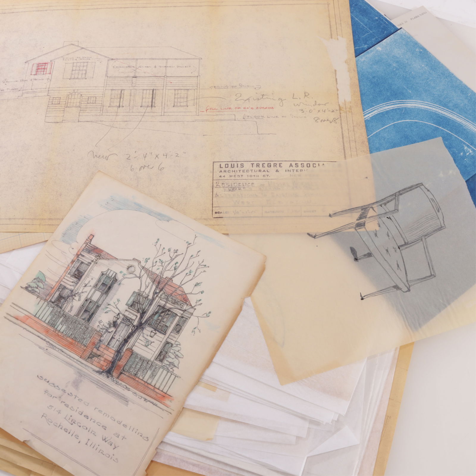 Edward J Wormley - Lot of Archival Material: Edward J Wormley (1907 - 1995). A collection of archival material including notable design sketches, large scale blueprints, etc. Also including architectural designs for his personal home in Connecti