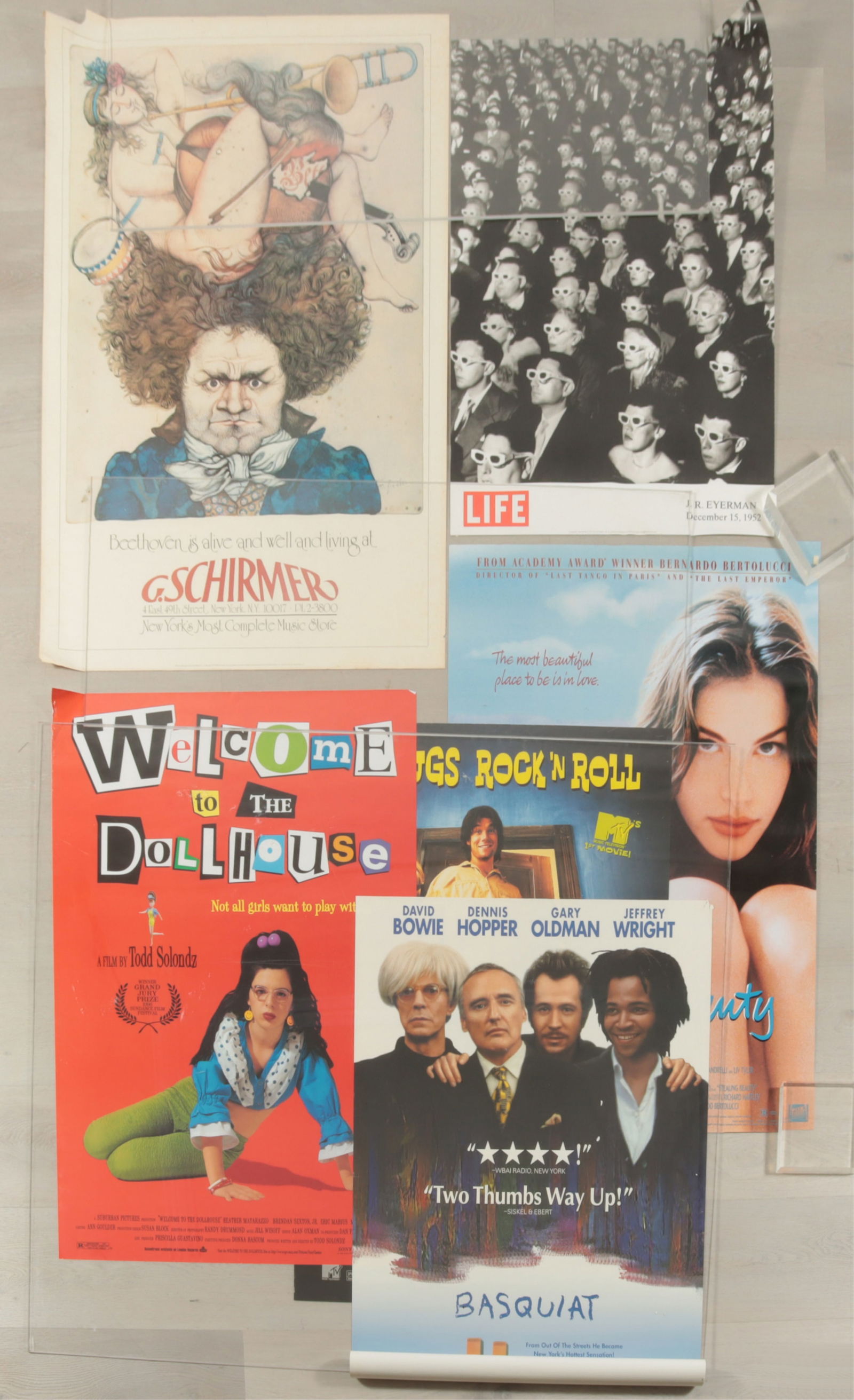 Art House Film & Music Shop - Posters: Collection of Art House Film posters and Music shop, includes 6 film posters, Stealing Beauty, Welcome to the Dollhouse, Joe's Apartment-MTV, Basquiat staring David Bowie as Andy Warhol, Dennis Hopper