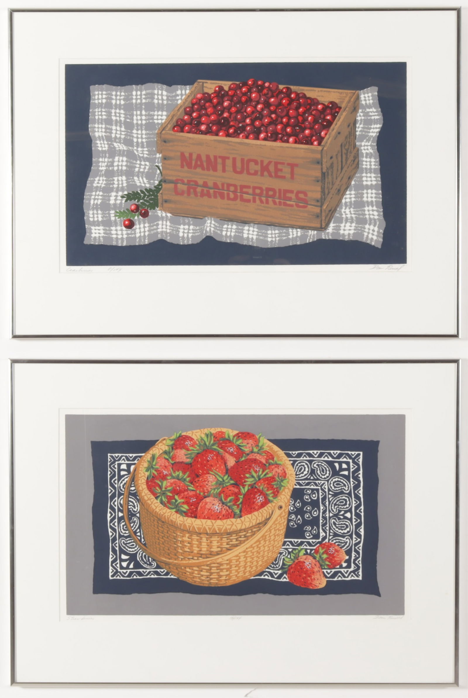 Donn Russell - Two Fruit Serigraphs: Donn Russell (American, Nantucket, 1929-2018). Two serigraphs depicting fruit in baskets. Comprising: "Cranberries", titled, numbered 8 of 144, and signed in graphite. "Strawberries", titled,