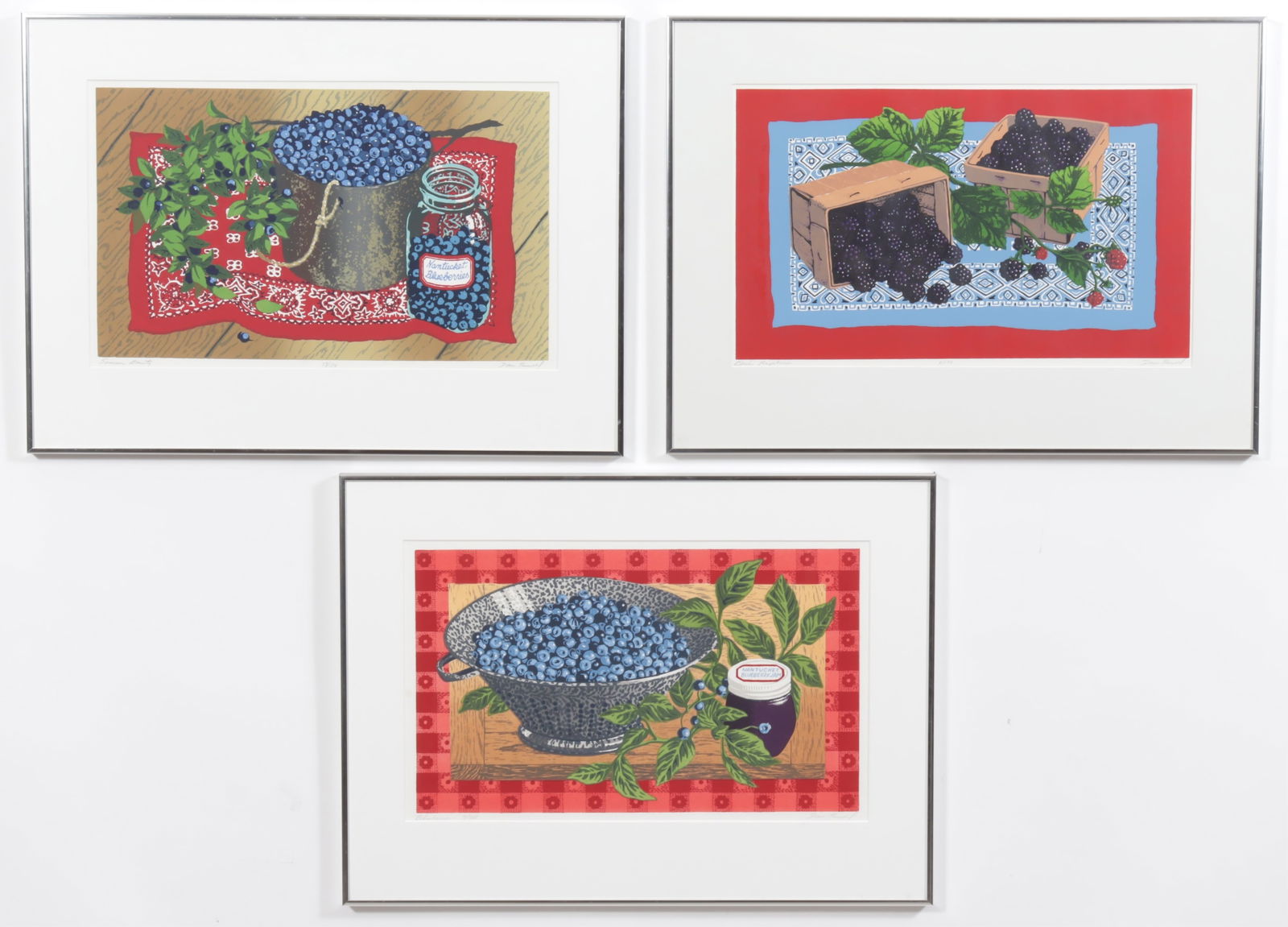 Donn Russell - Three Fruit Serigraphs: Donn Russell (American, Nantucket, 1929-2018). Three fruit serigraphs. Comprising: "Black Raspberries", titled, numbered 4 of 140, and signed in graphite. "Blueberries", titled, numbered 7 of 148,