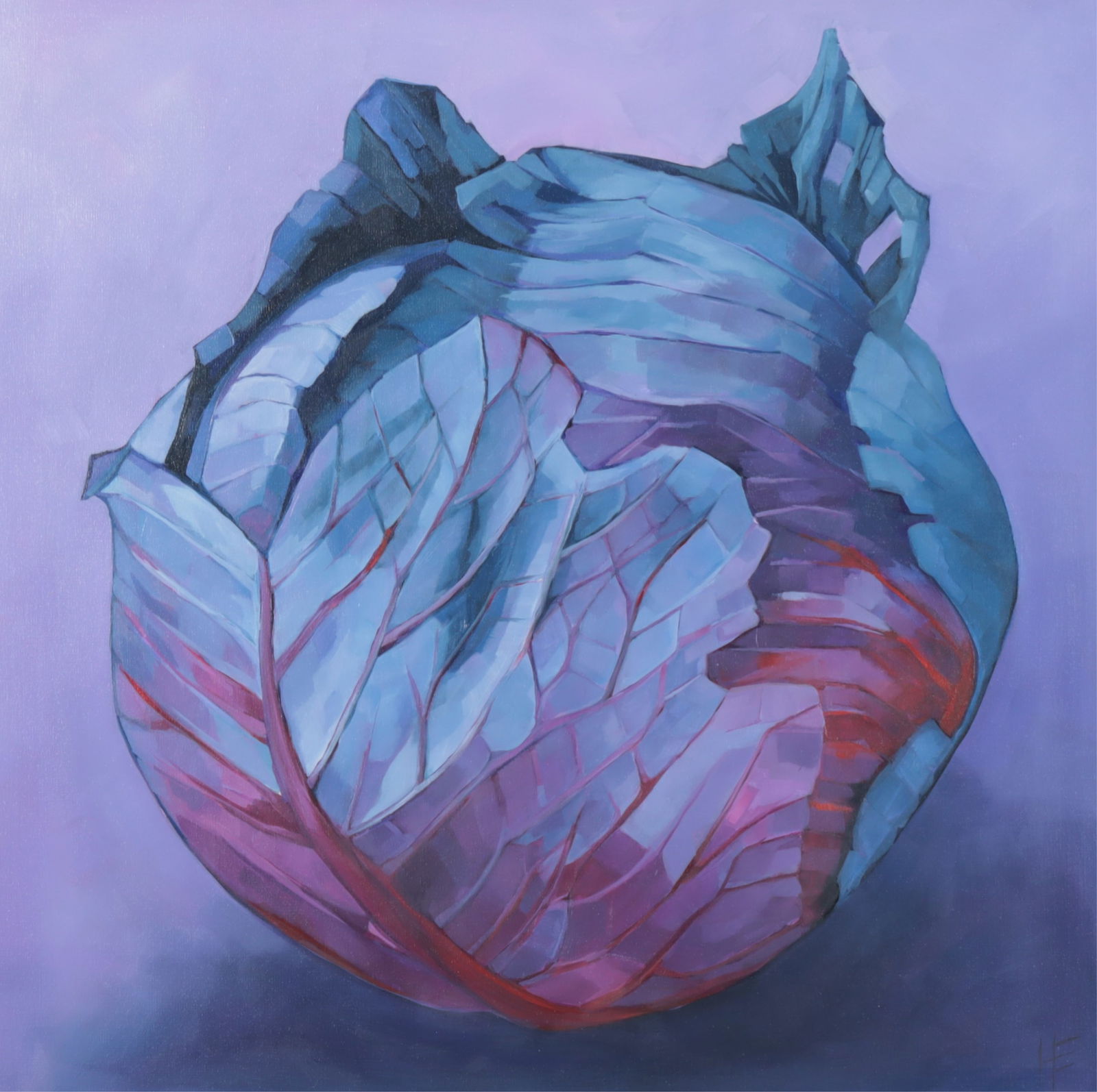 Helen Elliott - Cabbage O/C: Helen Elliott (American, 20th C) Cabbage, oil on canvas, initialed HE lower right. Dimensions: Framed 29.25" H x 29.25" W 