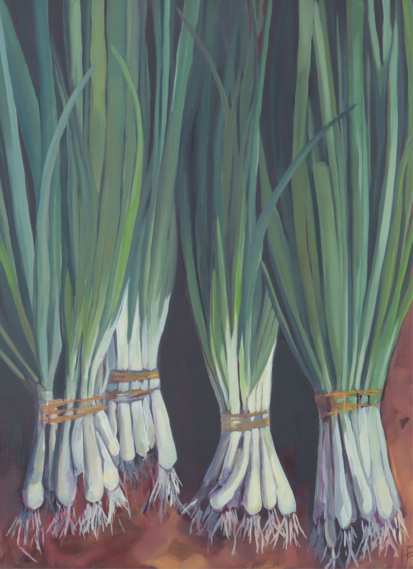 Helen Elliott - A Bunch of Onions O/C: Helen Elliott (American, 20th C) A Bunch of Onions, oil on canvas, initialed HE lower right, signed verso on stretcher. Dimensions: Framed 29.5" H x 23.5" W 