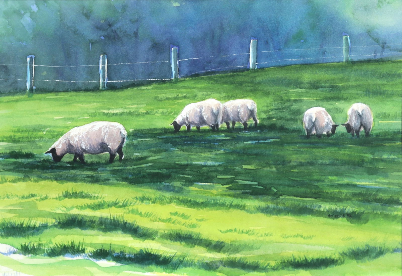 Deborah Holmes - Sheep in Pasture W/C: Deborah Holmes (American/Vermont, 20th C) five sheep grazing in a pasture, watercolor and acrylic on paper. Unsigned, labeled verso. Dimensions: 5.25 x 7.5" Framed 10.75 x 12.75" 