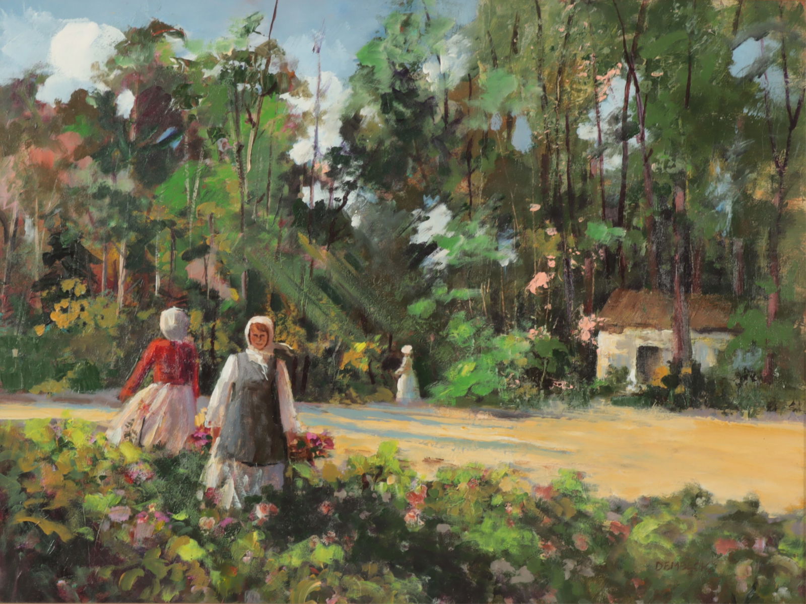 Mary Grace Dembeck - Gathering Flowers - A/M: Mary Grace Dembeck, American, 20th C. Westport Connecticut artist/author, Gathering Flowers, acrylic on masonite, signed lower right Dimensions: 20 x 26, framed 23 x 29 From a Dutch Modernism