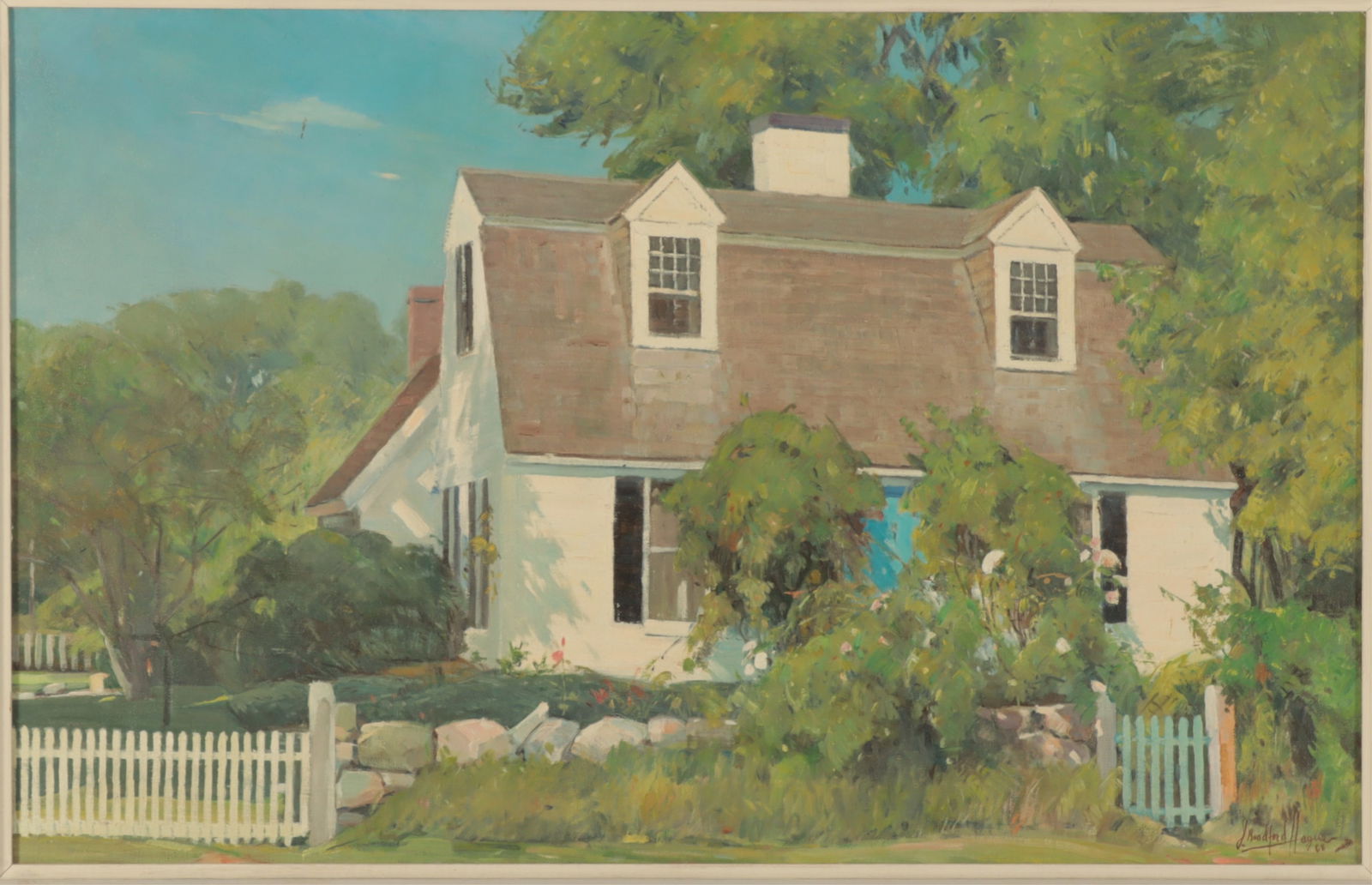 J Bradford Hague - Summer Cottage O/C: J Bradford Hague (American, 1903-1994) Summer Cottage Scene, oil on canvas, signed lower right, dated '68. Dimensions: 15.5" H x 24.75" W Framed 21.5" H x 30.5" W 