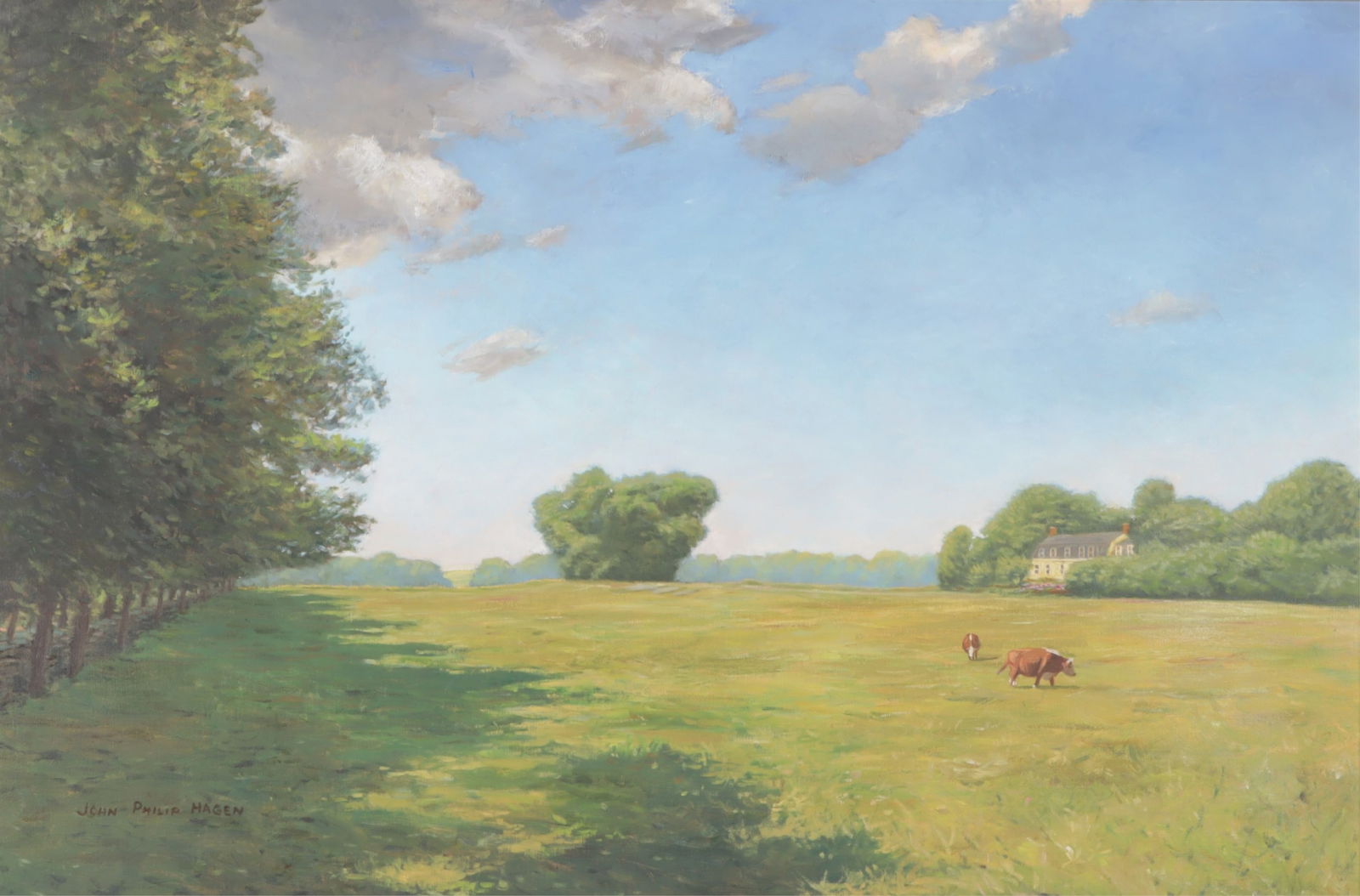 John Philip Hagen - Hammersmith Field - O/C: John Philip Hagen, American, b.1956, Hammersmith Field, oil on canvas, signed lower left, plaque en verso, signed and dated 1992 along stretcher Dimensions: 24 1/2 x 36, framed 26 x 38 From a Goshen