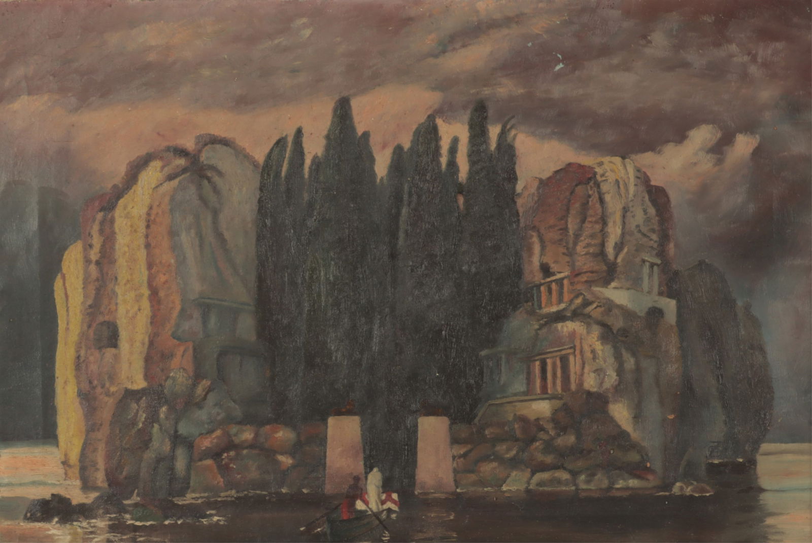 After Arnold Bocklin - Isle of the Dead: After Arnold Bocklin (Swiss, 1827-1901) Isle of the Dead 19th C., oil on canvas, unsigned. Dimensions: 17.5" H x 26" W Framed 23.5" H x 31.5" W 