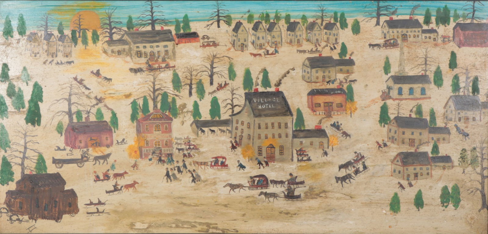 Charles Besozzi - Town Meeting Tonight - O/B: Charles Besozzi, American, 1904-1997, Town Meeting Tonight , oil on board. Biography: Outsider (self-taught) folk artist Charles Besozzi, a Cornwall Connecticut resident started painting in the