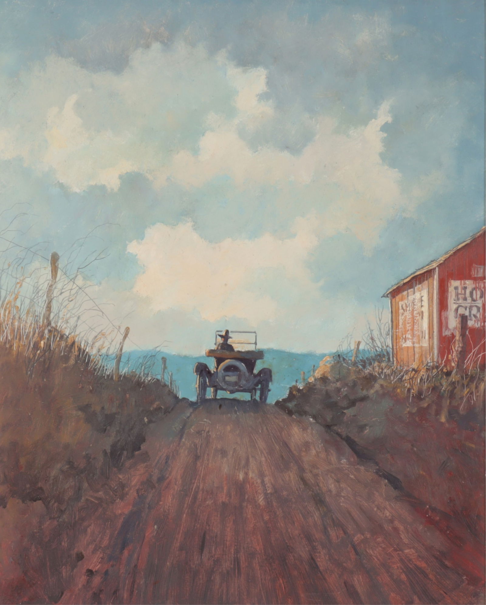 American School - Country Road O/B: American School, 20th century oil on board depicting a Ford Model T driving down a country road, passing a barn. Unsigned. Dimensions: 22 x 17.75" Framed 31 x 26.75" 