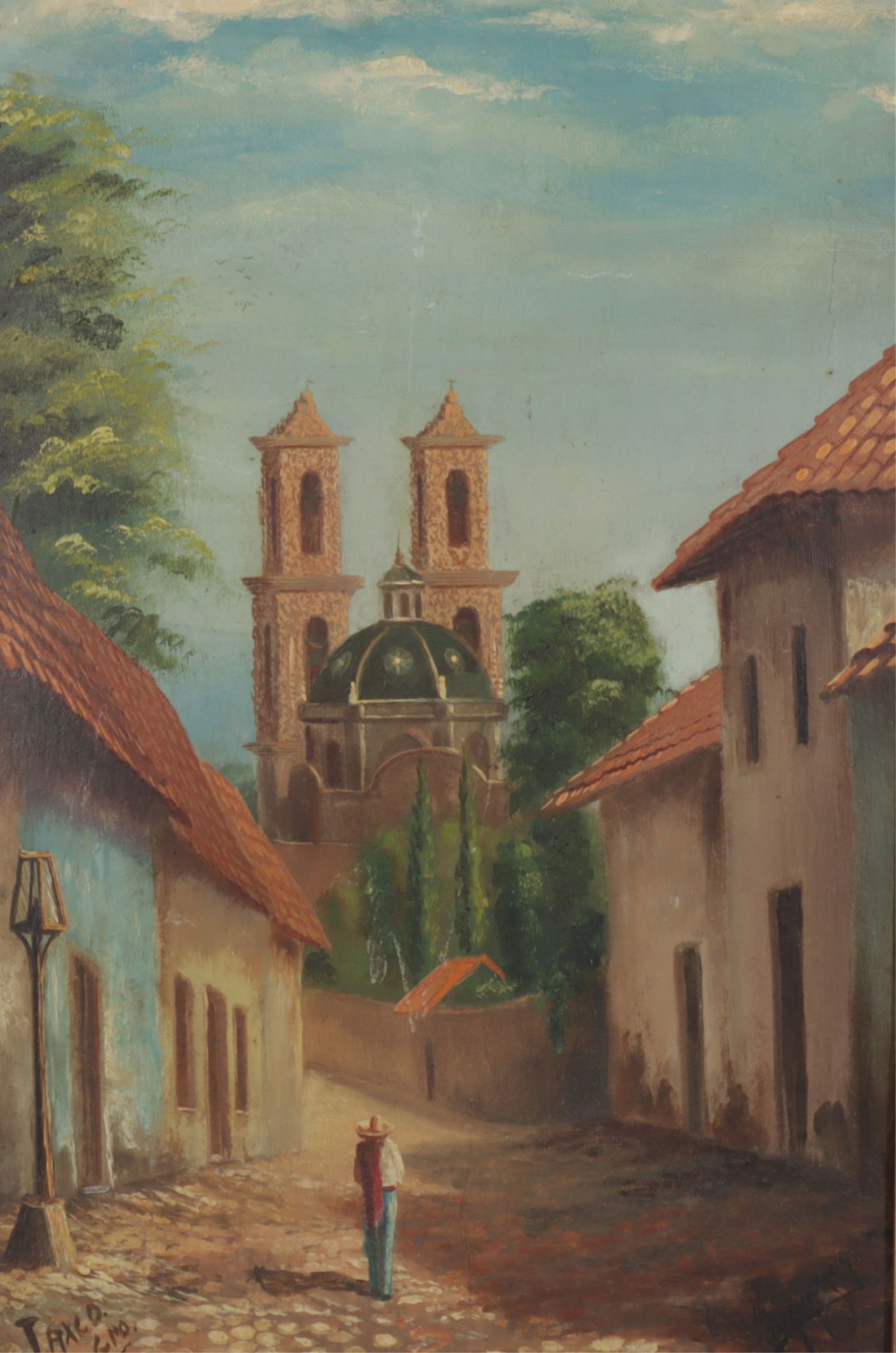 Taxco Painting - Church of Santa Prisca: Taxco Painting of the Church of Santa Prisca, signed lower right "Max Janaguy?, paint on (fiber)board, label affixed en verso Sam Cohn Clean and Restore Dimensions: 18 x 12, framed 21 1/2 x 15 1/2
