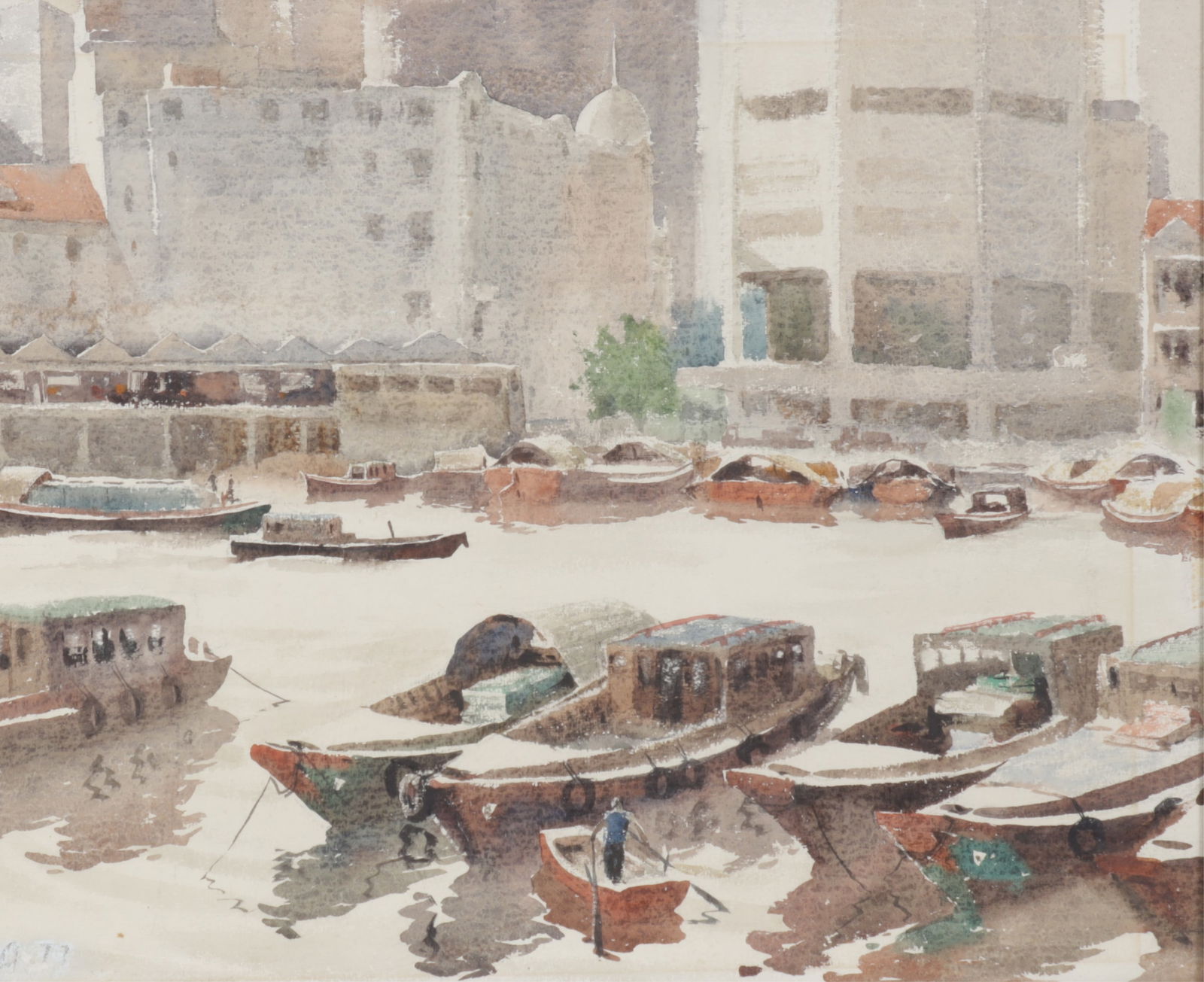 Asian School - View of Singapore River W/C: Asian School, View of Singapore River, watercolor, partial signature lower left, dated 1977. Dimensions: 20 x 24 Framed 24x28" 