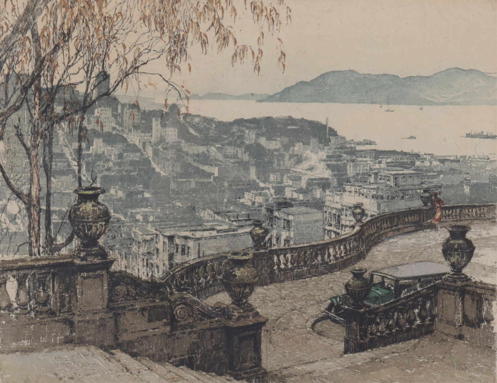 Luigi Kasimir - San Francisco Etching: Luigi Kasimir (Austro-Hungarian, 1881-1962) View of San Francisco Bay from Coit Tower, etching with hand-coloring. Signed in graphite central margin. Silver gilt frame. Dimensions: 10 x 13 Framed 18 x
