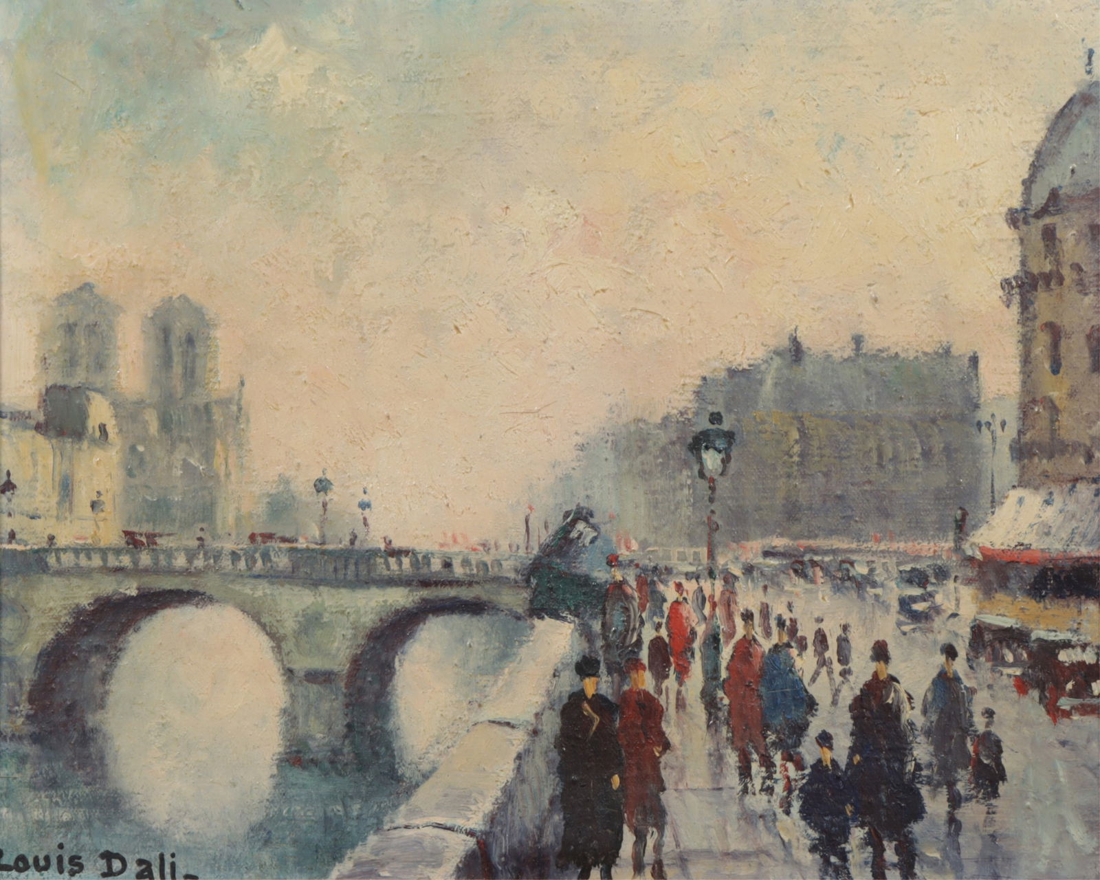 Louis Dali - Parisian Street Scene: Louis Dali (French, 1905-2001) Parisian Street Scene, River Seine, Winter scene, oil on canvas, signed lower left. Dimensions: 8" H x 10" W Framed 13.75" H x 15.5" W 