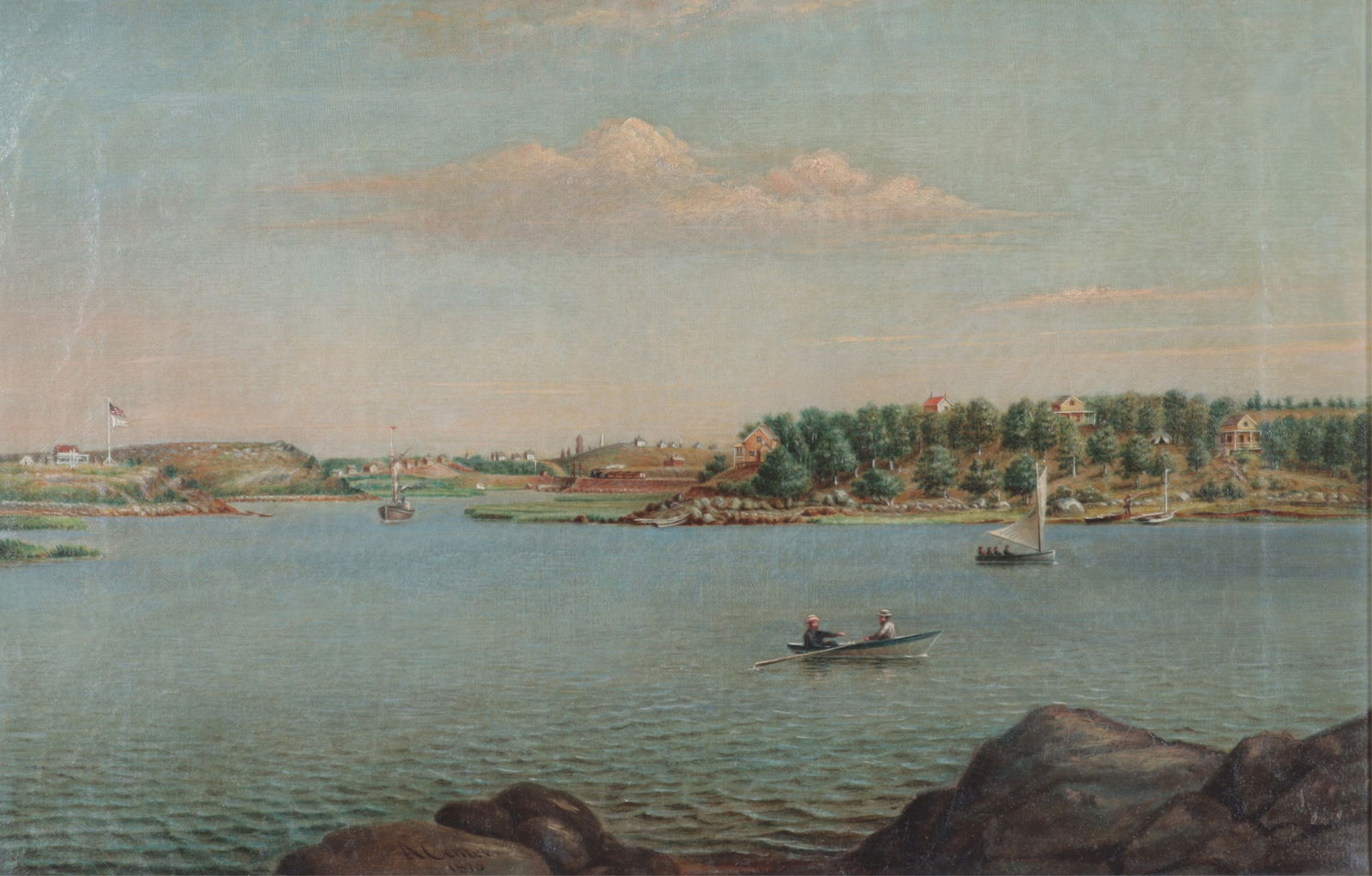 Addison Center - Coastal Landscape O/C: Addison Center (American, 1830-1892), Coastal Landscape, signed and dated 1875 lower center, oil on canvas. Dimensions: 12" H x 18" W; Framed 14 3/4" H x 20 3/4" W Property from the Estate of Isobel &