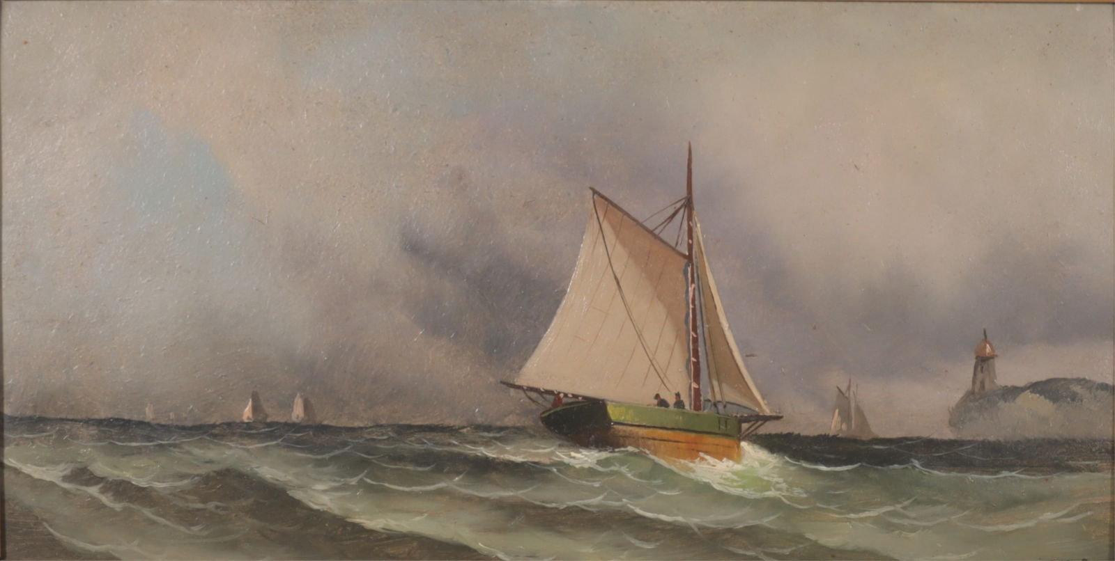 W. Post - Coastal Sailing O/B: Coastal Sailing, oil on cardboard, signed lower right W. Post. Dimensions: 9.5" H x 18.5" W, Framed 13.5" H x 22.75" W