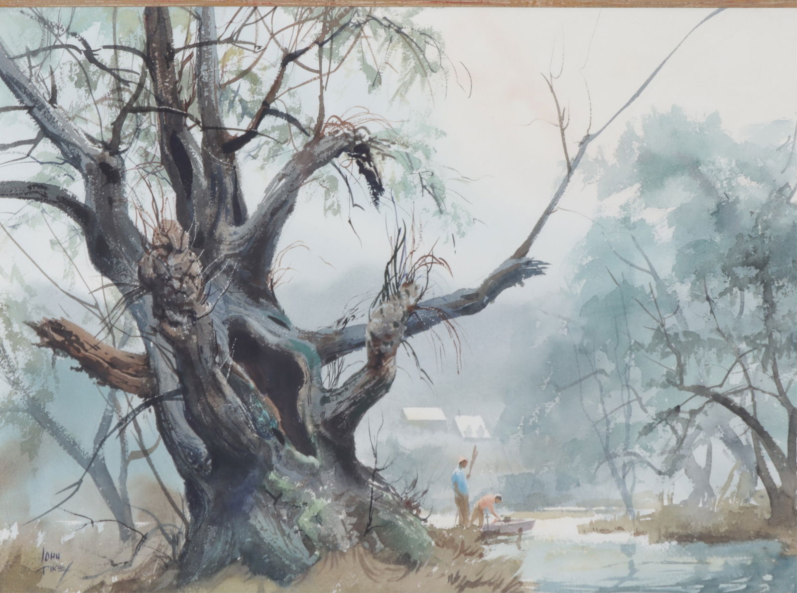 John Pike - 'Old Timer' W/C: John Pike (American, 1911-1979) 'Old Timer' watercolor on paper depicting two men fishing in a bayou. Signed lower left, central nameplate. Dimensions: 24.5 x 29.5" Framed: 29.5 x 37.5" 