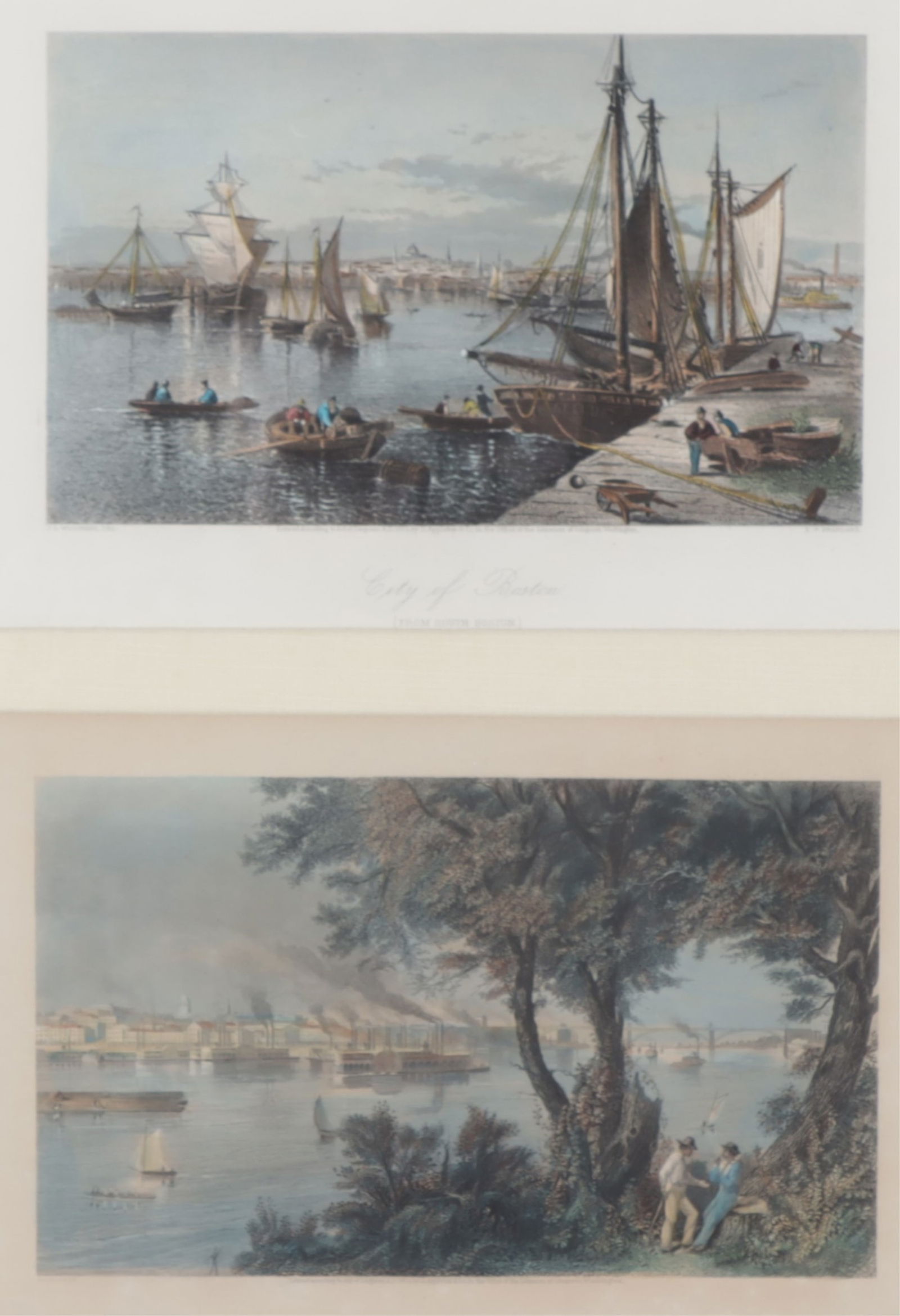 After Woodard & Warren - Harbor Engravings, 19th C: After JD Woodard, "City of Boston." From Picturesque America, hand-colored engraving by EP Brandard. Published by D. Appleton & Co., 1873. Together framed with after AC Warren, "City of St Louis",