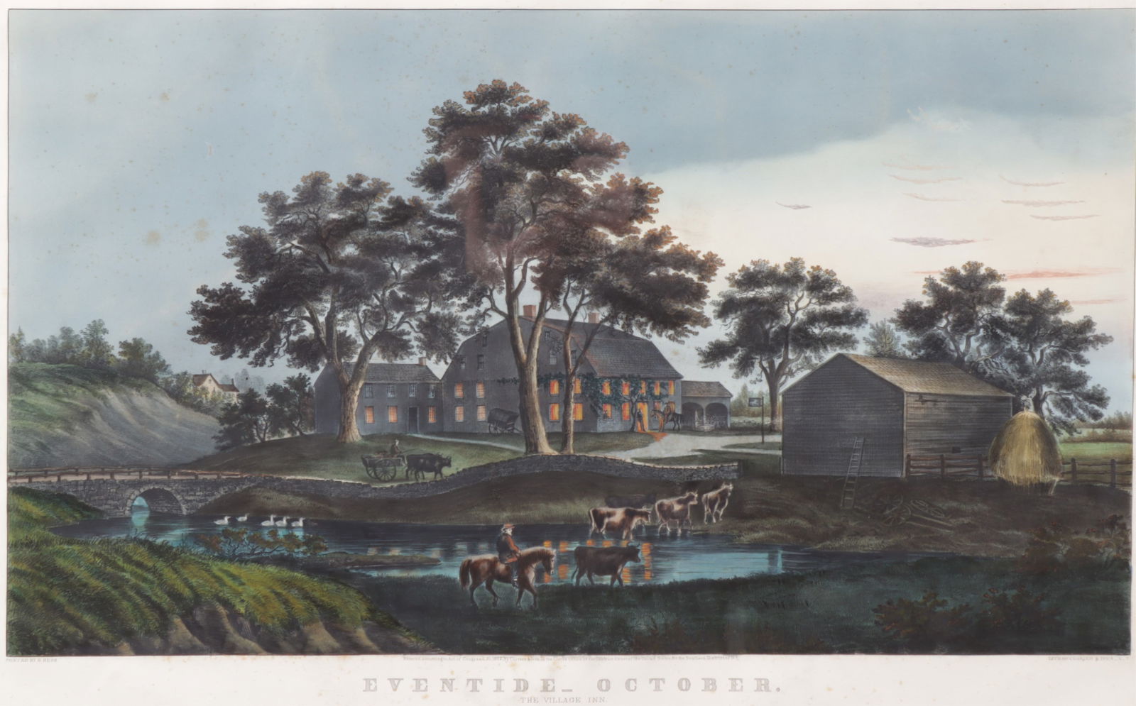 Currier & Ives - Eventide October: After B. Hess, Eventide-October or The Village Inn, large-folio hand-colored lithograph published by Currier & Ives, New York, 1867. Dimensions: Framed 28.5" x 37" 