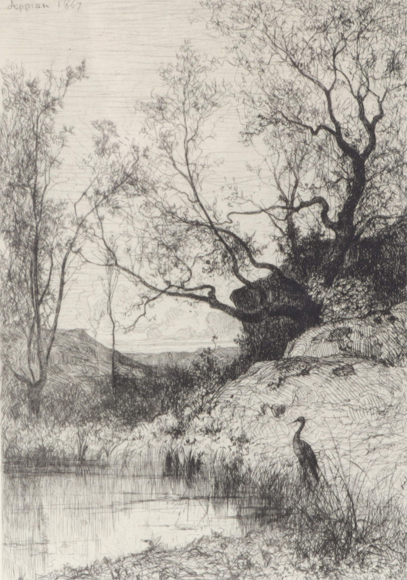 Adolphe Appian - Une Mare, Etching, 19th C: Adolphe Appian (French, 1819-1898) "Une Mare" (A Pond) drypoint etching depicting a crane standing by the edge of a small body of water, circa 1867. Plate signed and dated within etching, upper left.