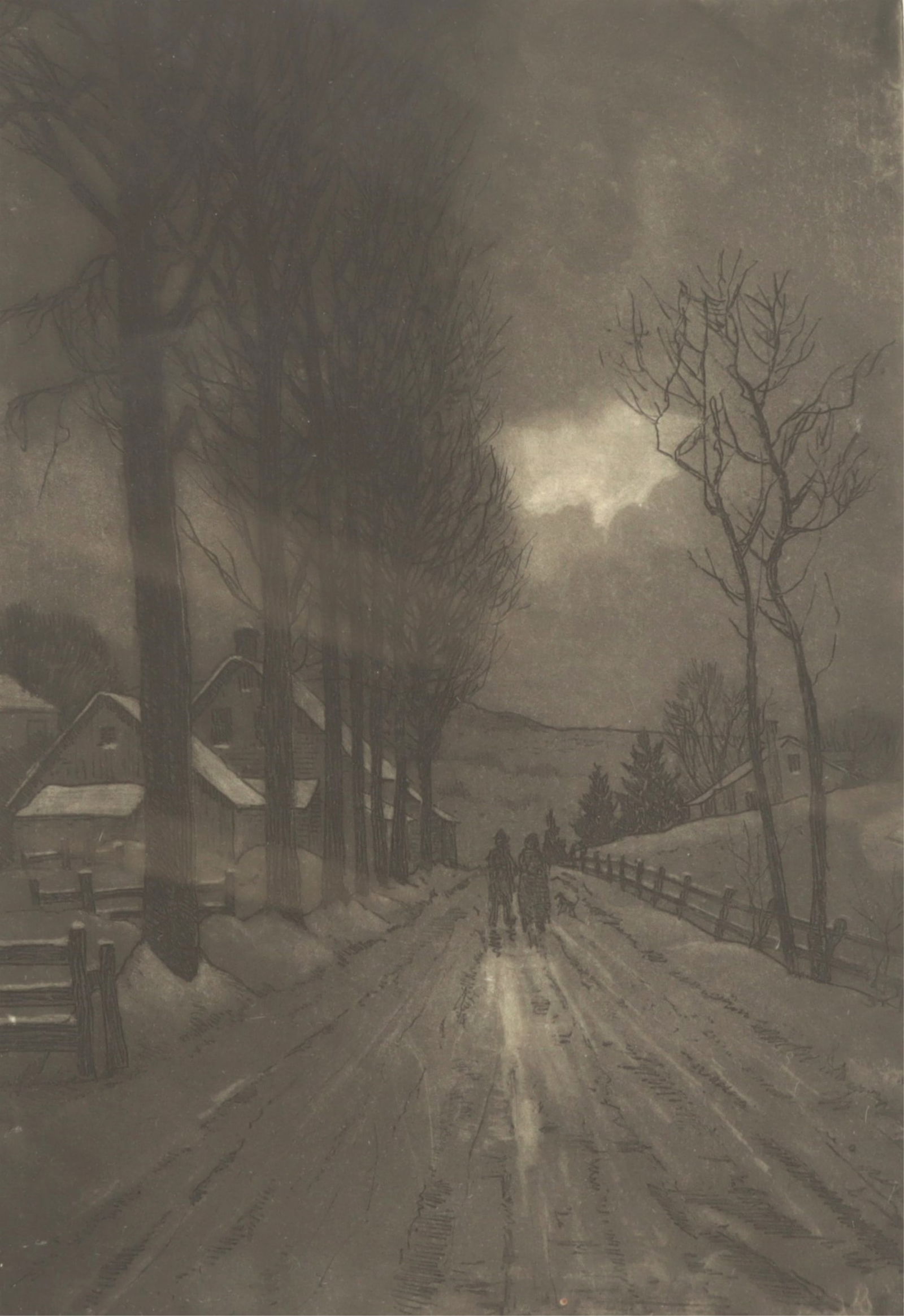 George Stimmel - 'Town Road, Nocturne': George Stimmel (American, 1880-1964) 'Town Road, Nocturne' dark etching, signed in graphite and titled lower margin. Depicting two figures walking down a dark moonlit road. Dimensions: Framed 18.5 x 1