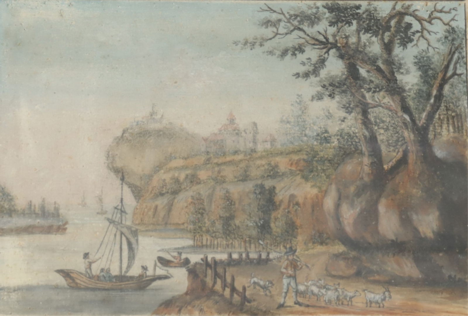 Julie Dangel - River Landscape with Castle - W/C: European school, likely Dutch,18th C. watercolor/ink of River Landscape with Castle goats and sheep, ink signed Julie Dangel and dated 1797 Dimensions: Image 5 3/4 x 8 1/2, framed 13 1/4 x 16 3/4
