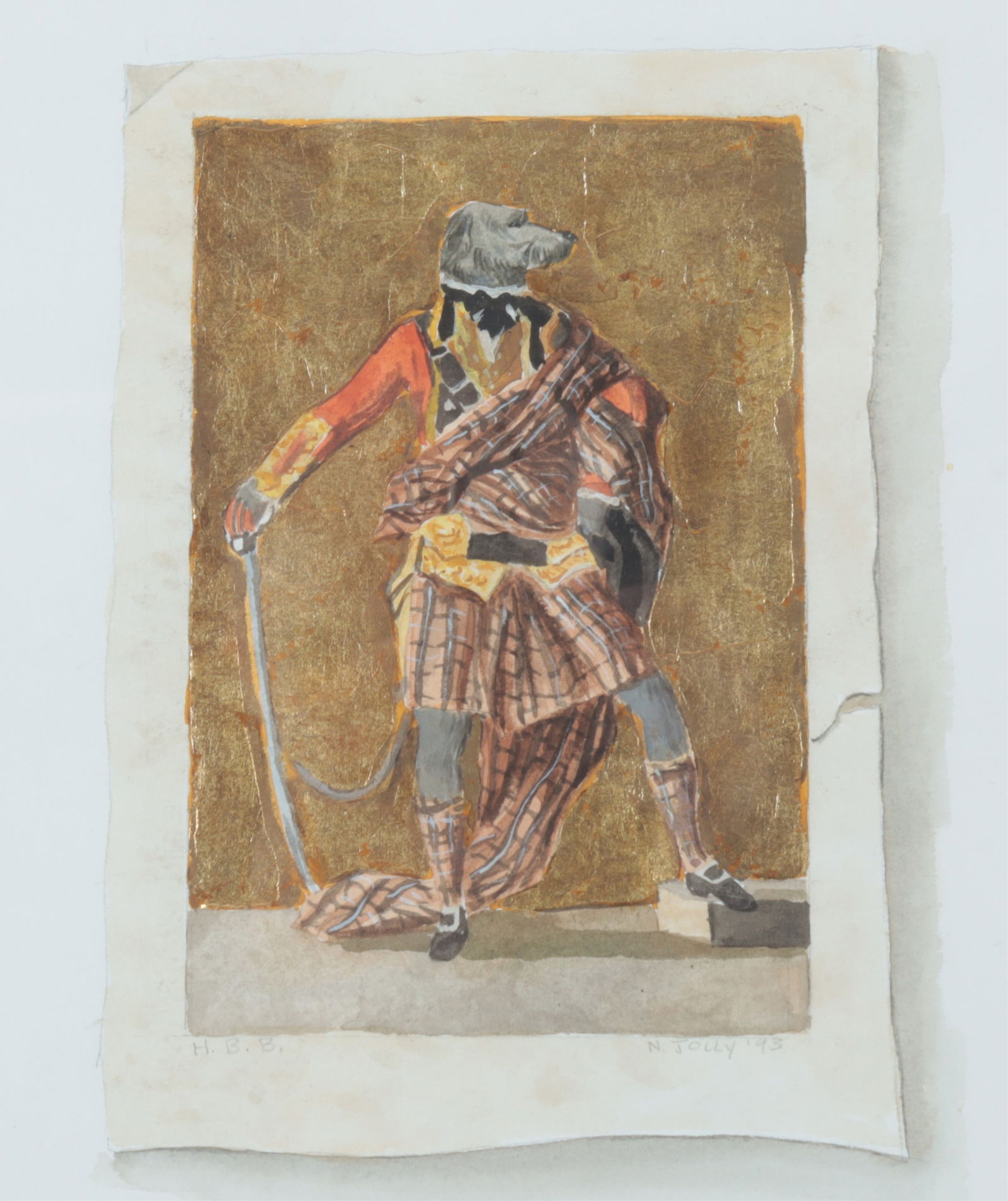 Nancy Jolly - Scottish Highlander Dog W/C: Nancy Jolly (American, b.1945) Scottish Highlander Dog dressed and posed as a human, Watercolor & Gold Leaf on Paper, signed and dated lower right 93, H.B.B lower left Dimensions: 11" H x 9" W,